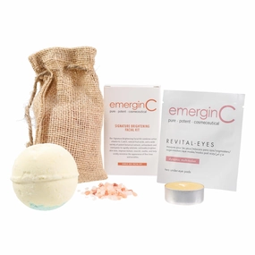 emerginC At-Home Luxury Spa Kit, Signature - 5-Piece Skincare   Self Care Set - Illuminating Facial Kit, Revital-Eyes Mask, Essential Oil Bath Bomb, Himalayan Bath Salts   Beeswax Candle