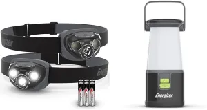Energizer LED Headlamp PRO (2-Pack) and Camping Lantern 360 PRO Bundle, IPX4 Water Resistant Lights for Outdoors, Camping, Running, Emergency