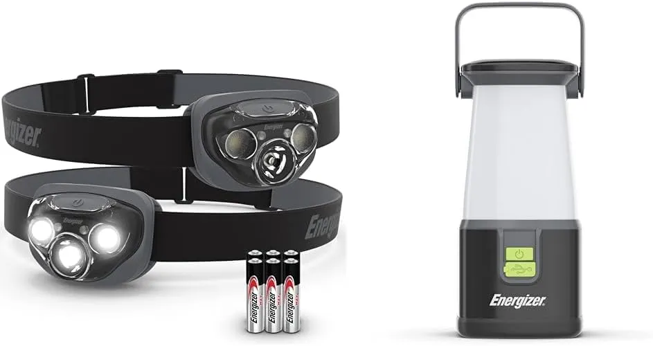 Energizer LED Headlamp PRO (2-Pack) and Camping Lantern 360 PRO Bundle, IPX4 Water Resistant Lights for Outdoors, Camping, Running, Emergency