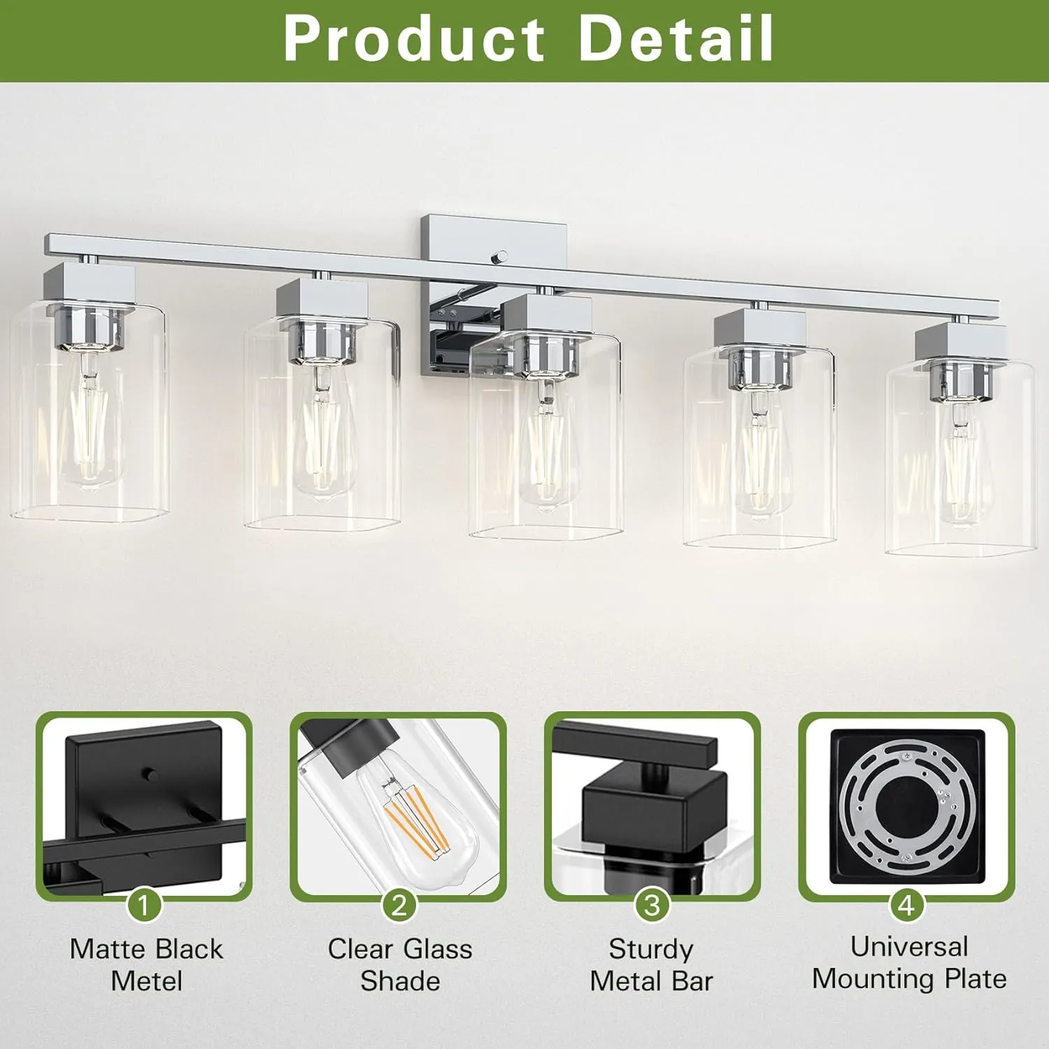 Espird 5 Light Bathroom Vanity Light - Chrome Bathroom Light Fixtures Square Design & UL Certification, 31 Inch Bath Room Light Fixtures Over Mirror for Living Room & Bedroom & Restroom