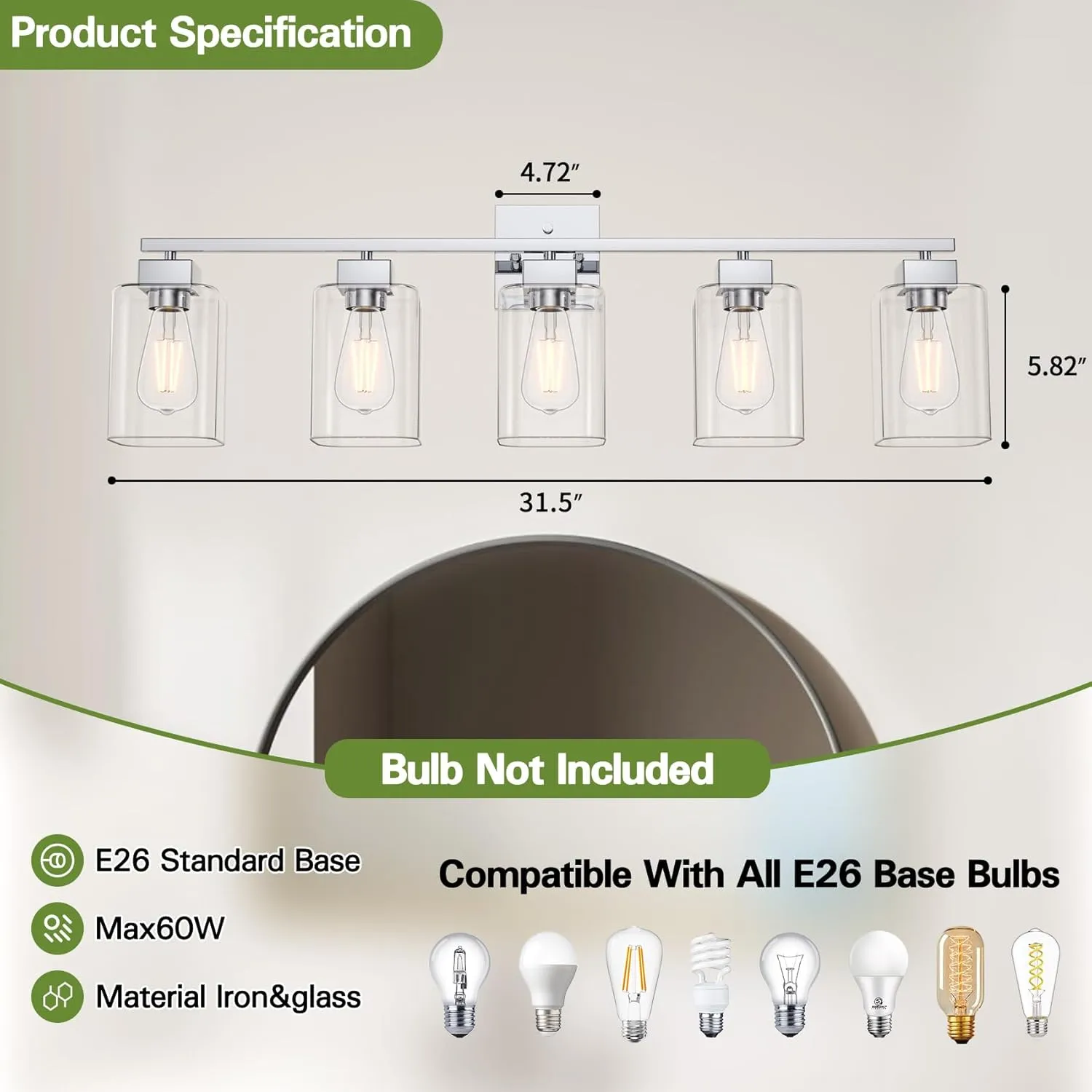 Espird 5 Light Bathroom Vanity Light - Chrome Bathroom Light Fixtures Square Design & UL Certification, 31 Inch Bath Room Light Fixtures Over Mirror for Living Room & Bedroom & Restroom