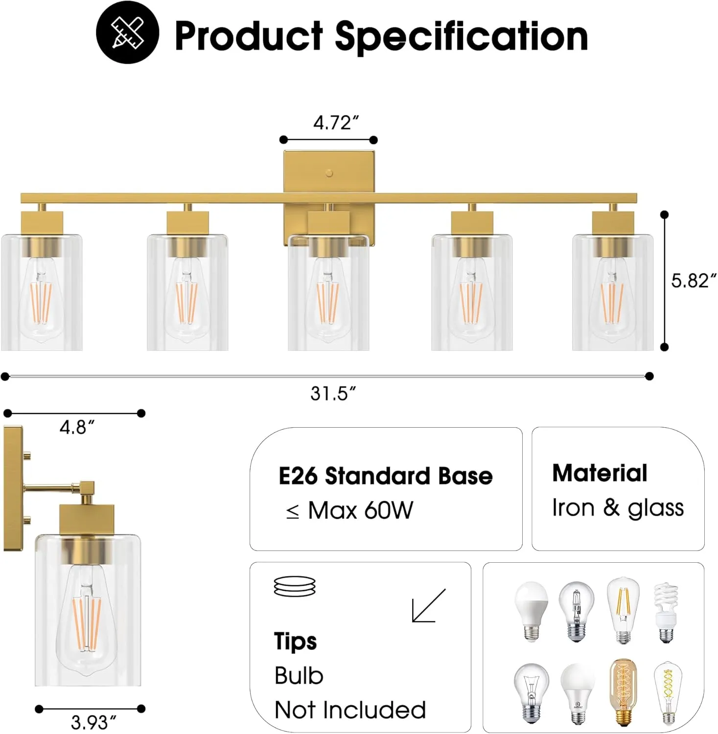 Espird 5 Light Vanity Light - Brass Gold Light Fixture Square Design & UL Certification, 31 Inch Long Gold Bathroom & Bedroom Light Fixtures Over Mirror