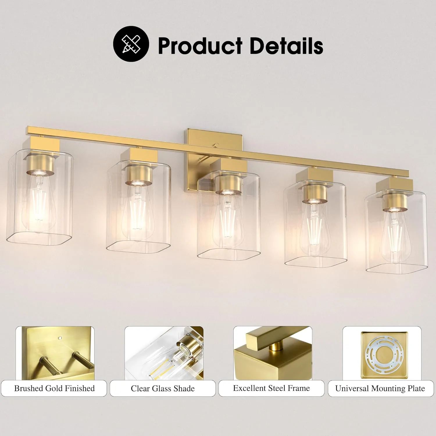 Espird 5 Light Vanity Light - Brass Gold Light Fixture Square Design & UL Certification, 31 Inch Long Gold Bathroom & Bedroom Light Fixtures Over Mirror