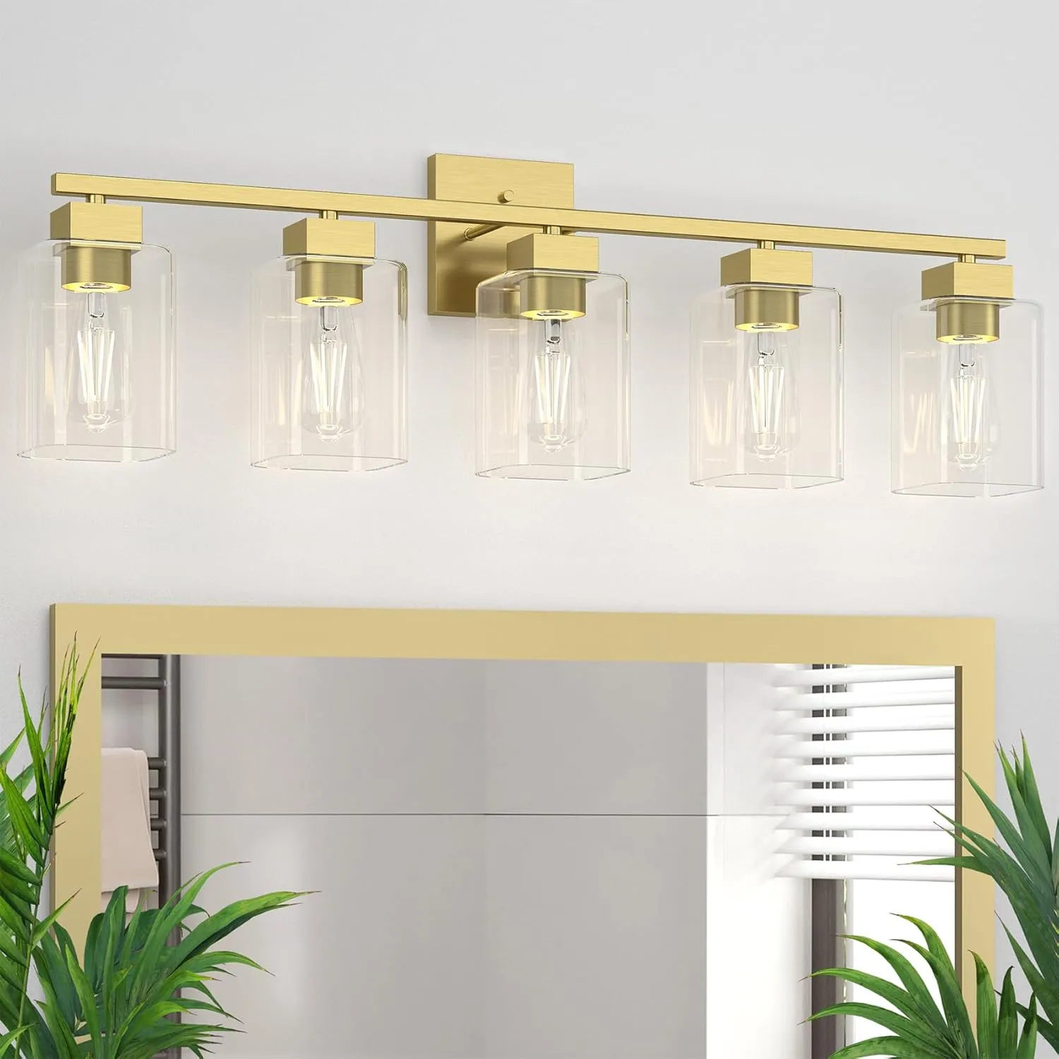 Espird 5 Light Vanity Light - Brass Gold Light Fixture Square Design & UL Certification, 31 Inch Long Gold Bathroom & Bedroom Light Fixtures Over Mirror