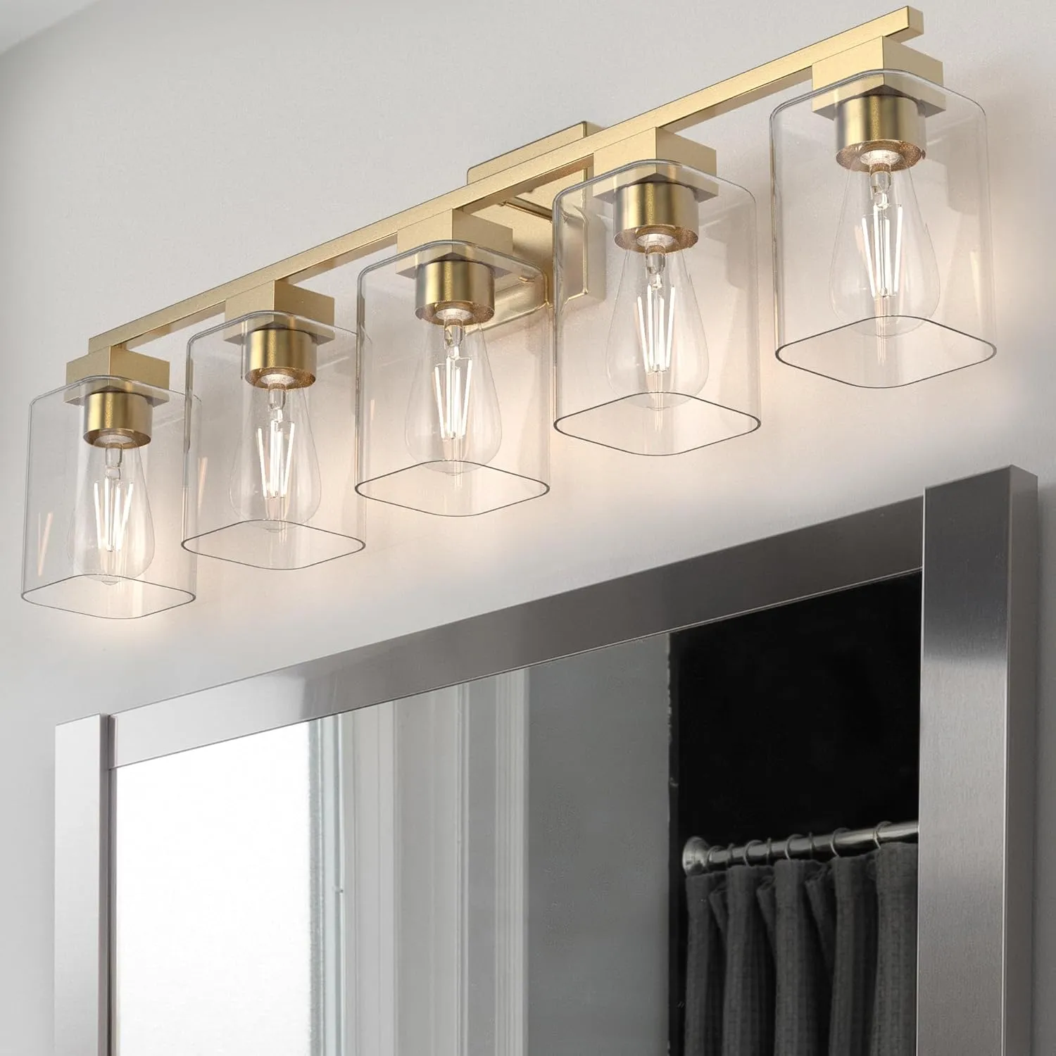 Espird 5 Light Vanity Light - Brass Gold Light Fixture Square Design & UL Certification, 31 Inch Long Gold Bathroom & Bedroom Light Fixtures Over Mirror