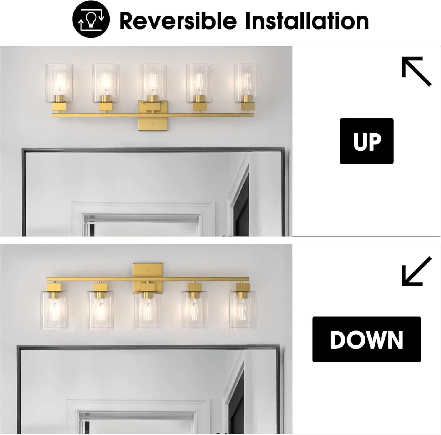 Espird 5 Light Vanity Light - Brass Gold Light Fixture Square Design & UL Certification, 31 Inch Long Gold Bathroom & Bedroom Light Fixtures Over Mirror