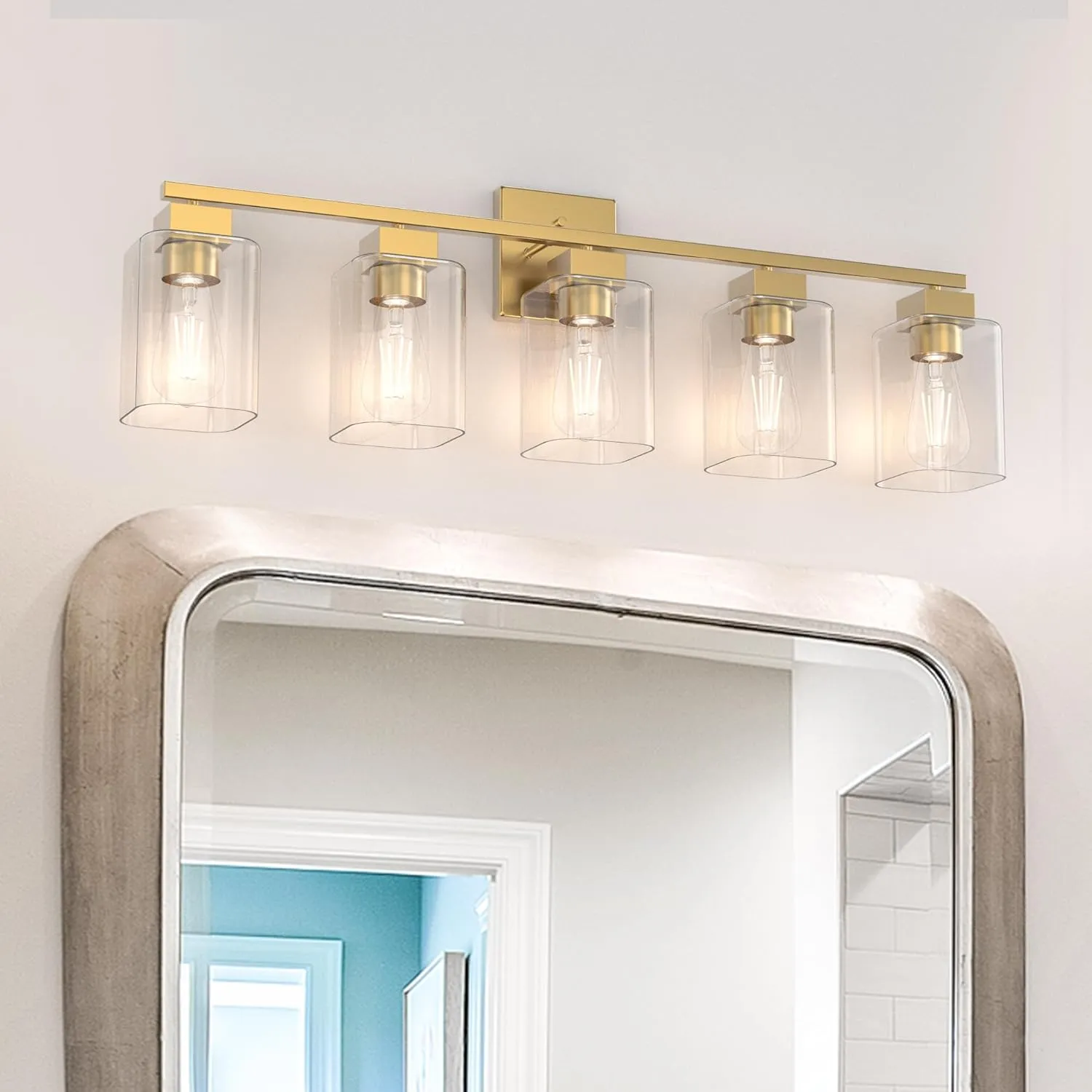 Espird 5 Light Vanity Light - Brass Gold Light Fixture Square Design & UL Certification, 31 Inch Long Gold Bathroom & Bedroom Light Fixtures Over Mirror