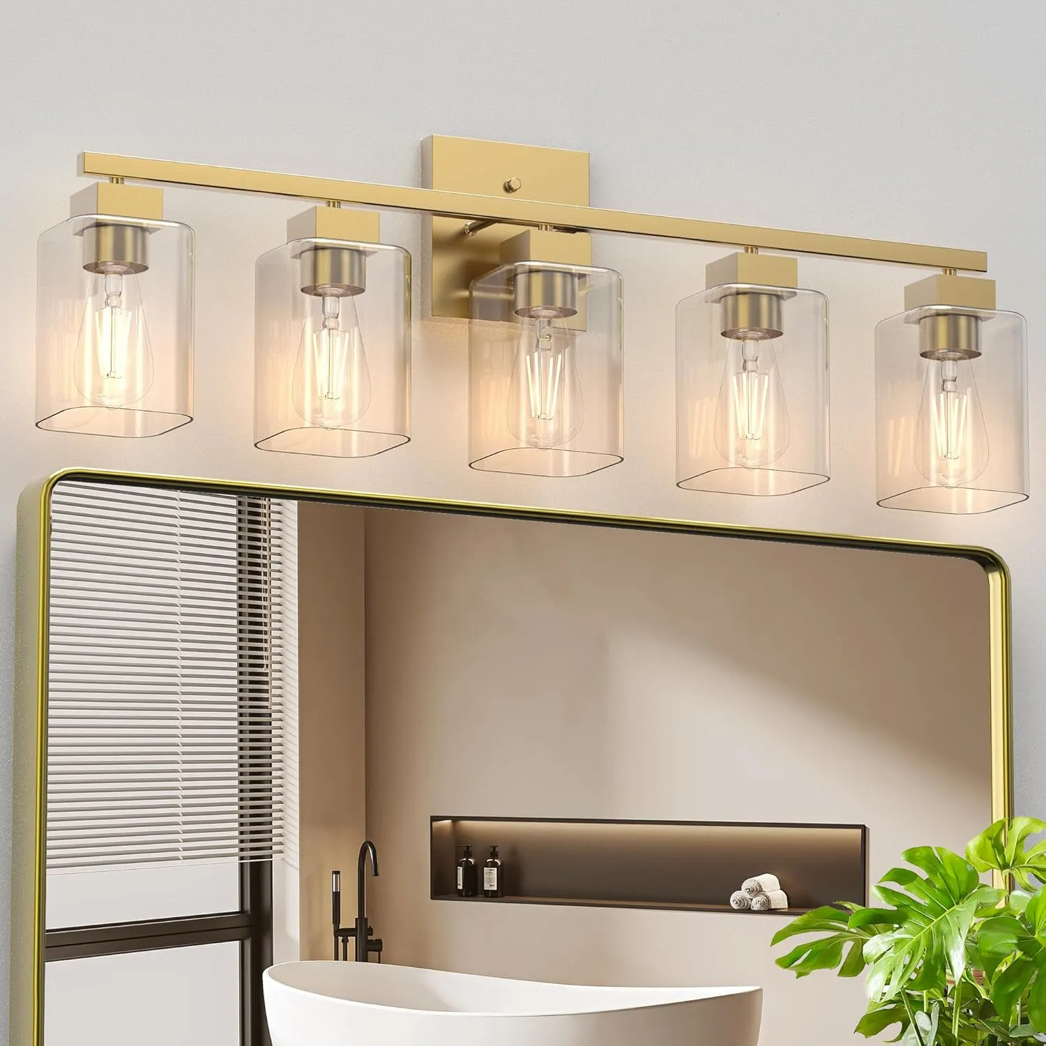 Espird 5 Light Vanity Light - Brass Gold Light Fixture Square Design & UL Certification, 31 Inch Long Gold Bathroom & Bedroom Light Fixtures Over Mirror