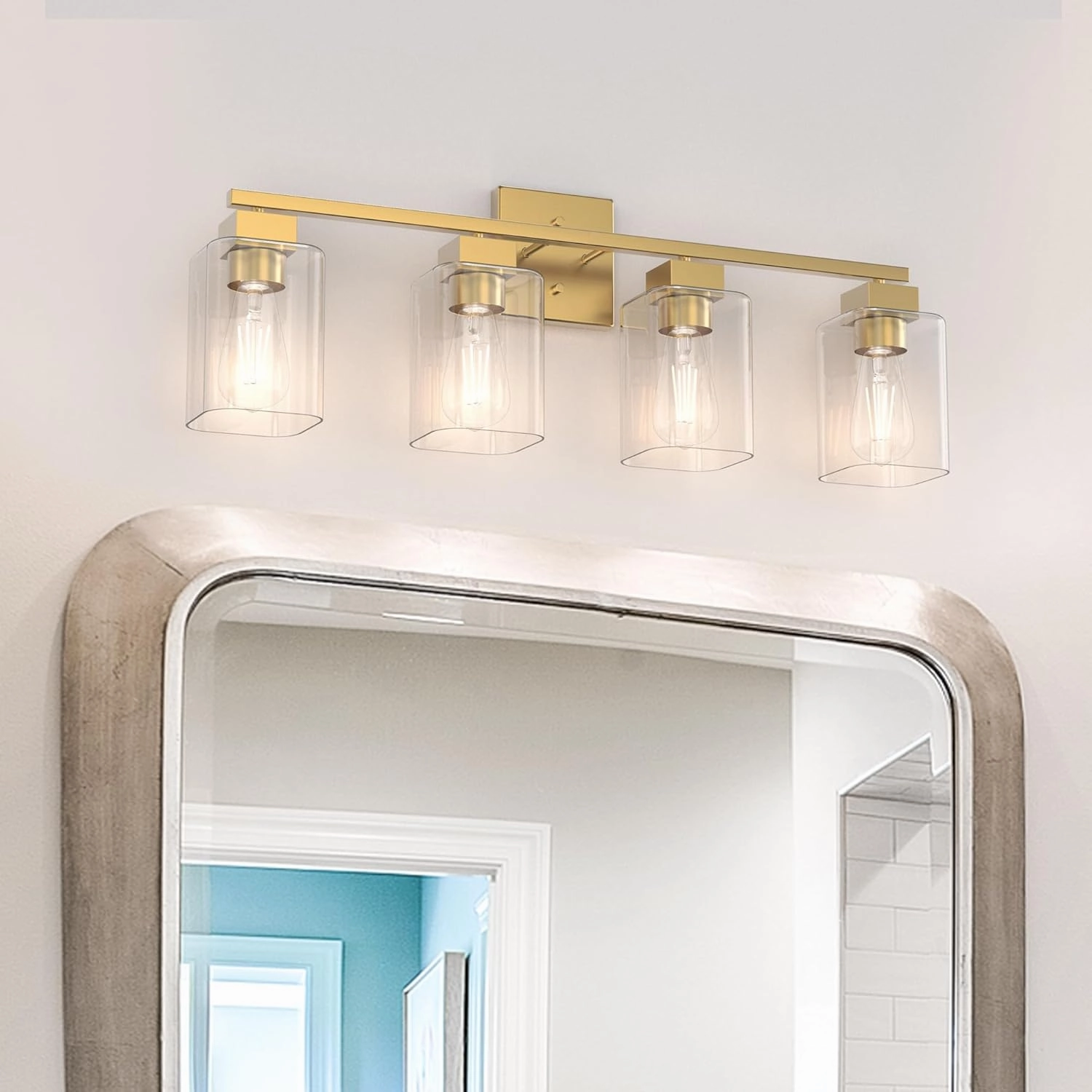 Espird 4 Light Bathroom Vanity Light - Brass Gold Light Fixture Square Design & UL Certification, Vintage Light Fixtures Over Mirror for Bedroom