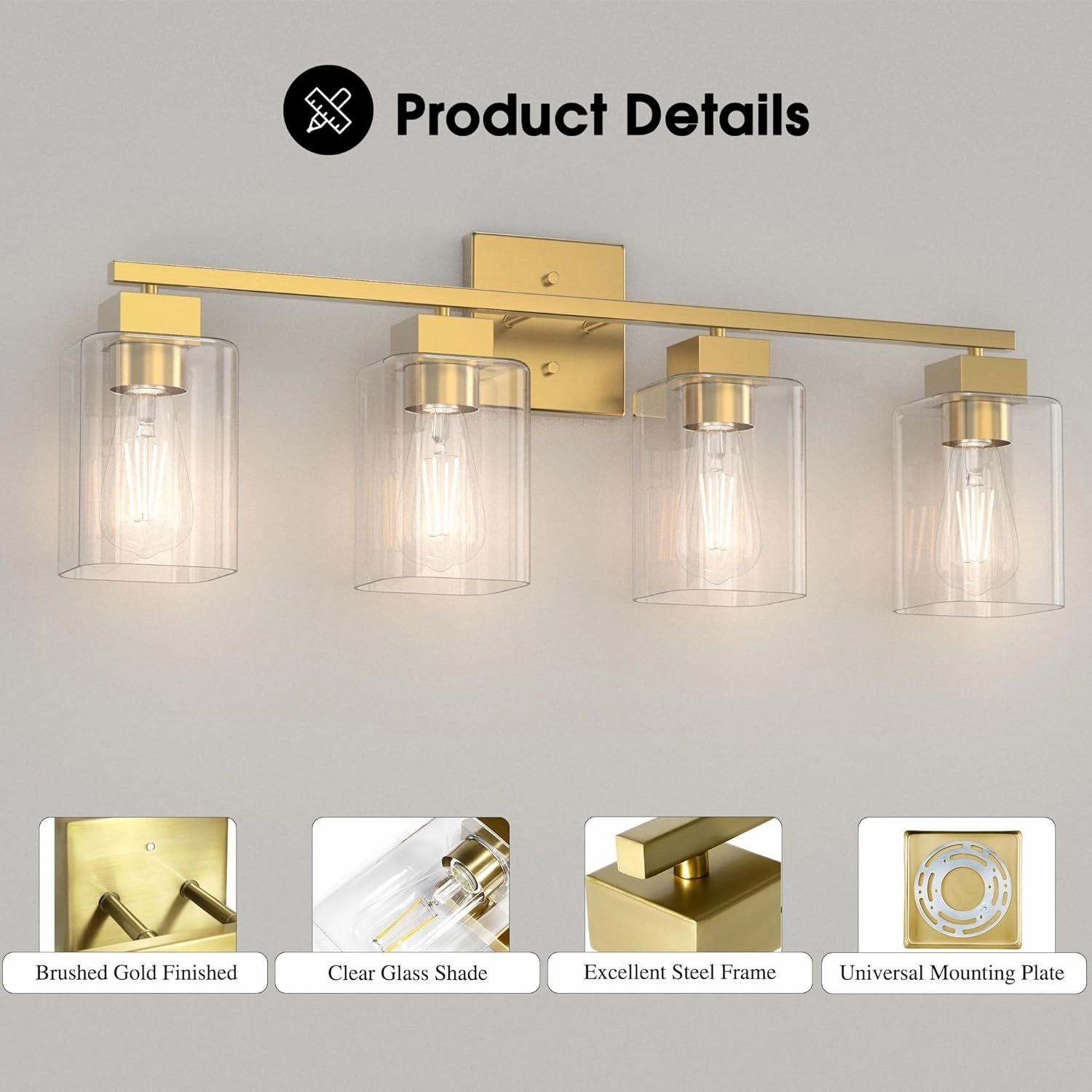 Espird 4 Light Bathroom Vanity Light - Brass Gold Light Fixture Square Design & UL Certification, Vintage Light Fixtures Over Mirror for Bedroom