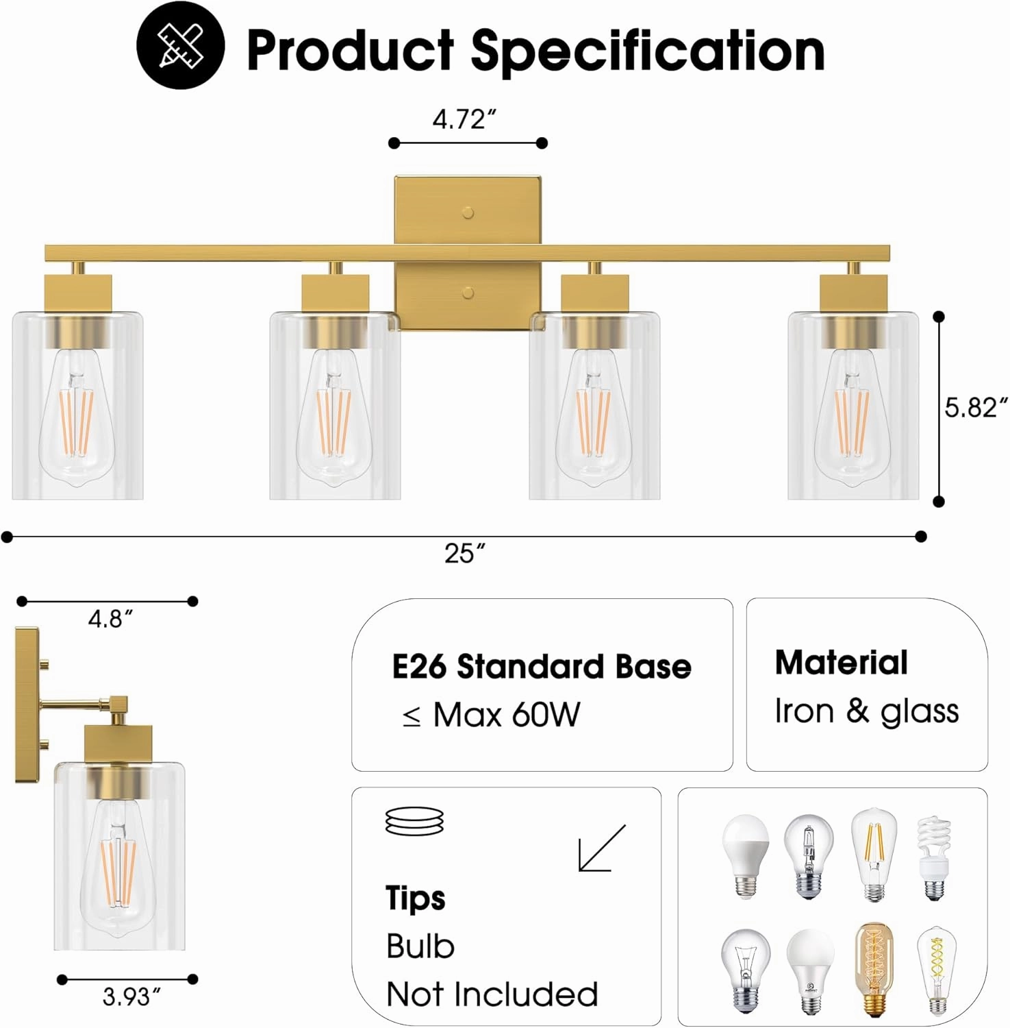 Espird 4 Light Bathroom Vanity Light - Brass Gold Light Fixture Square Design & UL Certification, Vintage Light Fixtures Over Mirror for Bedroom