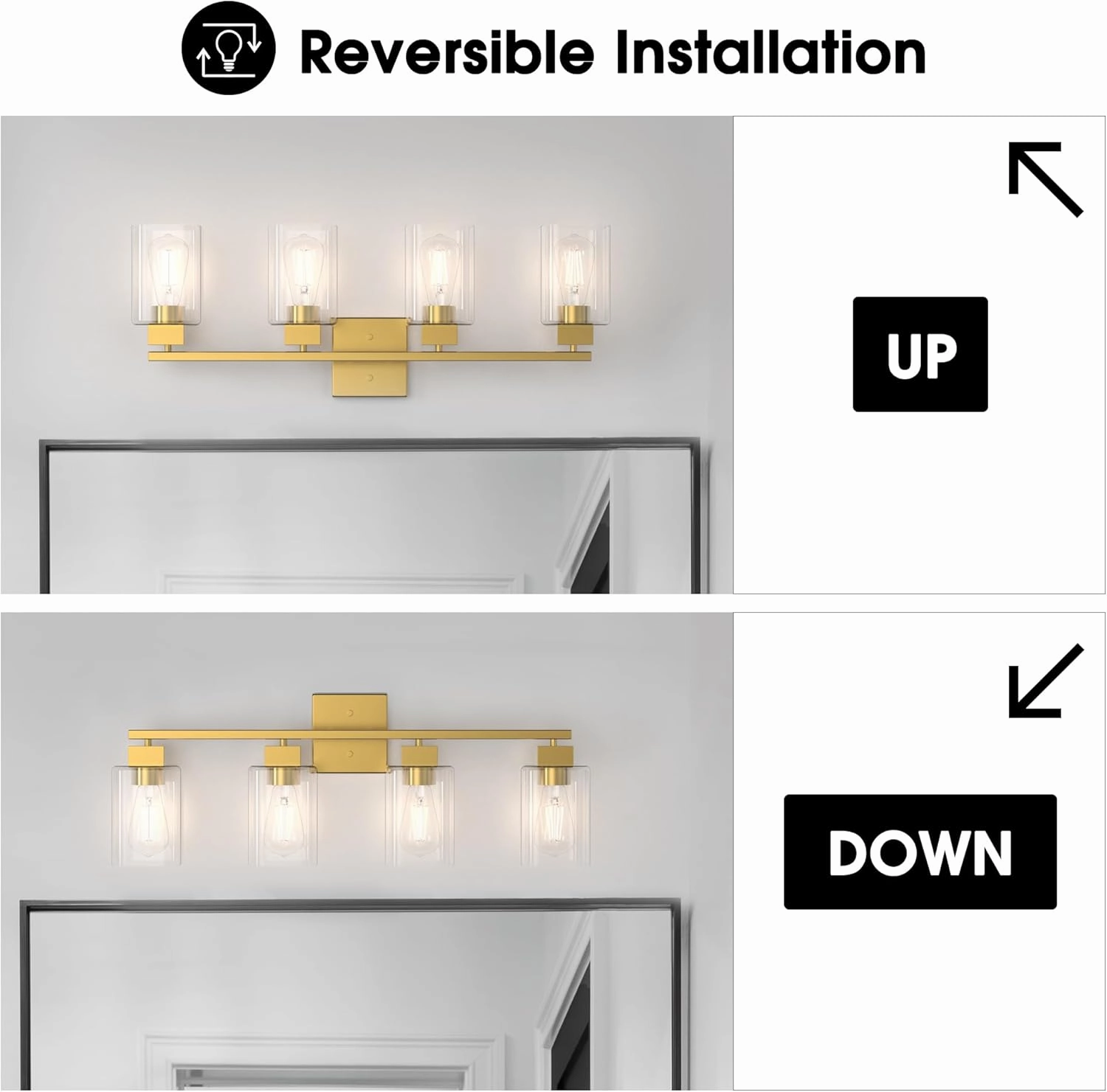 Espird 4 Light Bathroom Vanity Light - Brass Gold Light Fixture Square Design & UL Certification, Vintage Light Fixtures Over Mirror for Bedroom