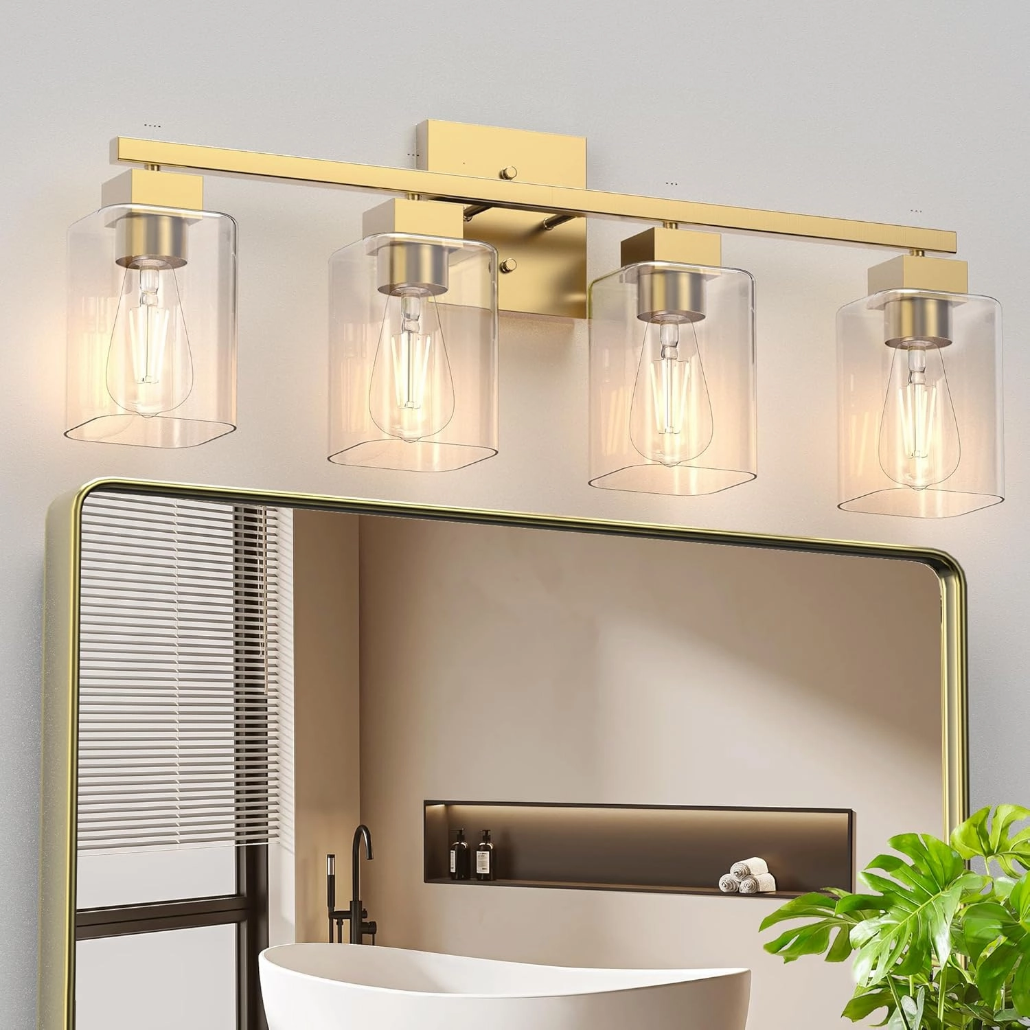 Espird 4 Light Bathroom Vanity Light - Brass Gold Light Fixture Square Design & UL Certification, Vintage Light Fixtures Over Mirror for Bedroom