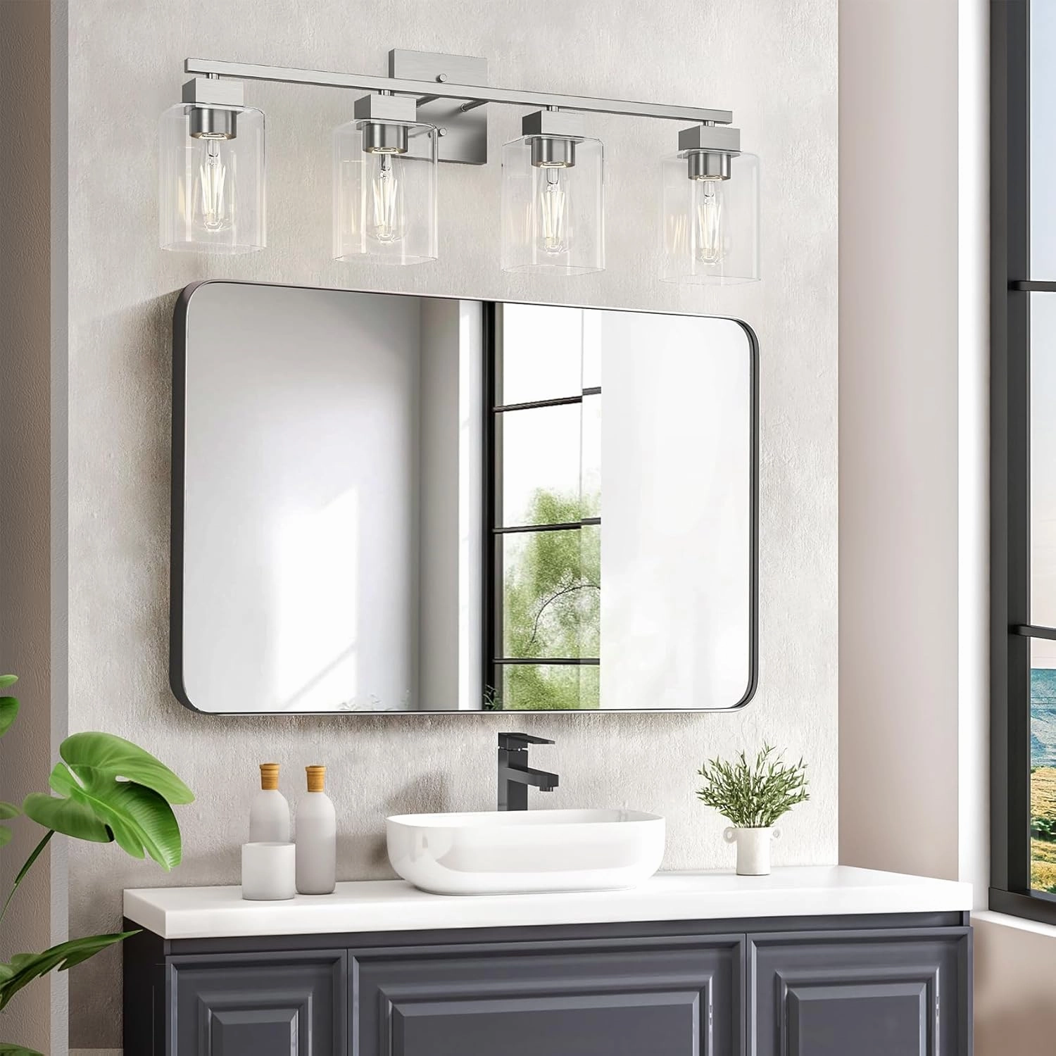 Espird 4 Light Bathroom Vanity Light - Brush Nickel Matte Vanity Lights Square Design & UL Certification & Square 26” Silver Bathroom Lights Fixture Over Mirror, Brush Nickel Light for Bedroom