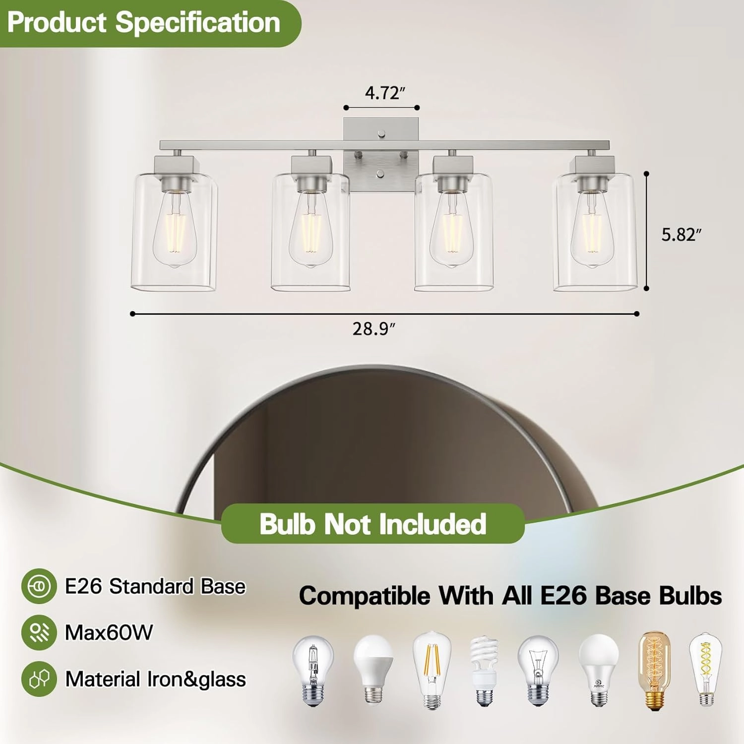 Espird 4 Light Bathroom Vanity Light - Brush Nickel Matte Vanity Lights Square Design & UL Certification & Square 26” Silver Bathroom Lights Fixture Over Mirror, Brush Nickel Light for Bedroom
