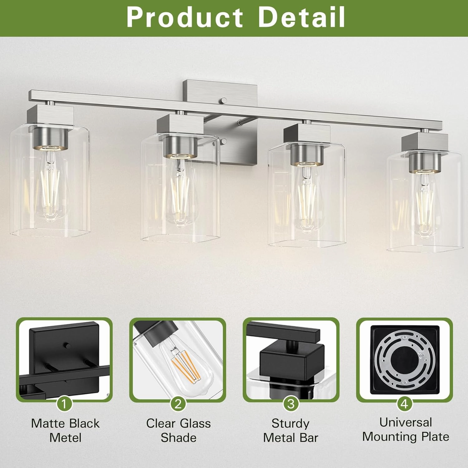Espird 4 Light Bathroom Vanity Light - Brush Nickel Matte Vanity Lights Square Design & UL Certification & Square 26” Silver Bathroom Lights Fixture Over Mirror, Brush Nickel Light for Bedroom