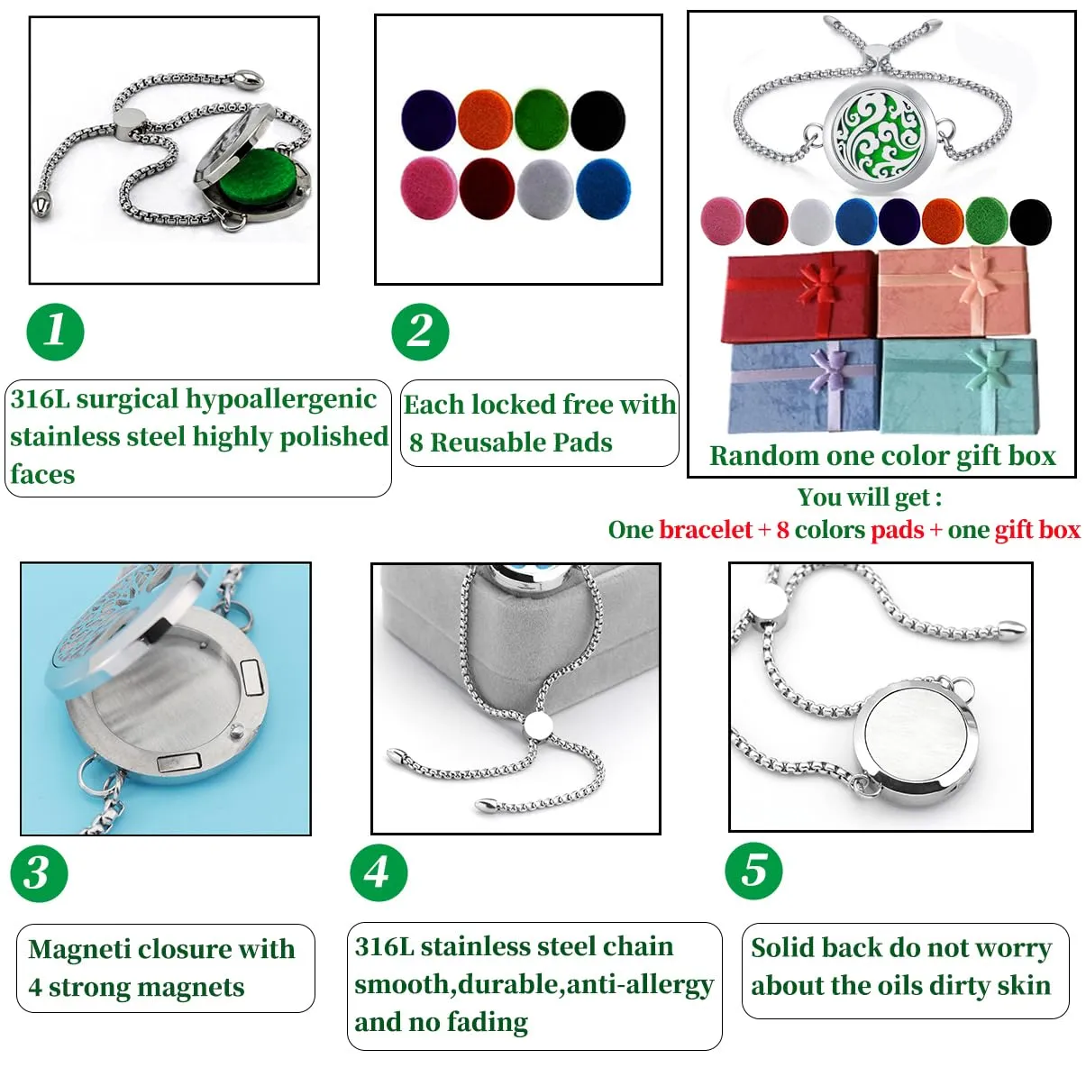 Essential Oil Diffuser Bracelet 30mm Diffuser Locket Chain Lucky Clouds Bracelet Stainless Steel Bracelet Set Adjustable Bracelet Gift for Women Men