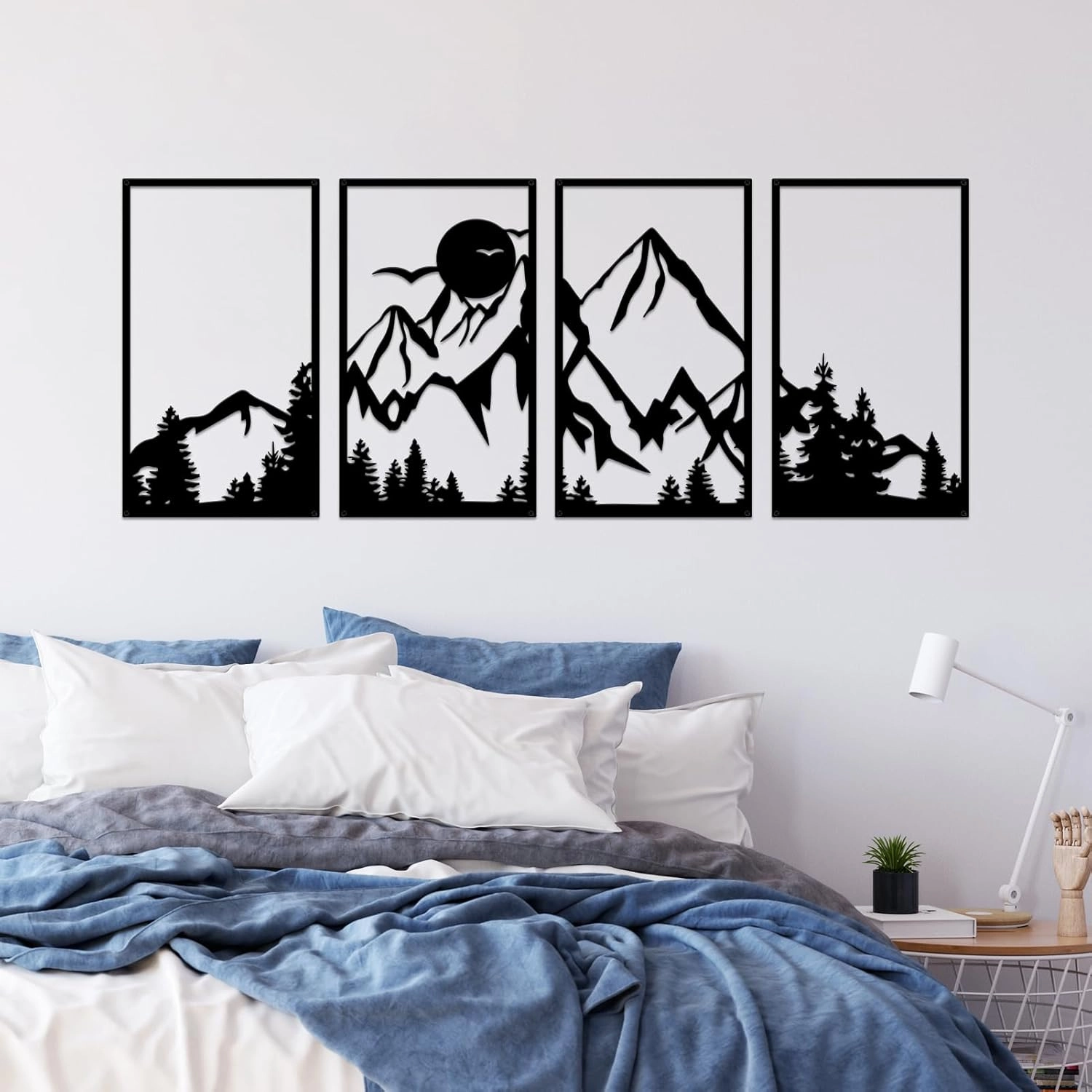 ESTART 4 Pcs Mountain Range Metal Wall Art Decor Summit Metal Wall Sign Rustic Forest Home Decor Sign Mountain Scene Wall Decor Art Hanging for Living Room Bedroom Bathroom Office, 45.3 x 17 Inch