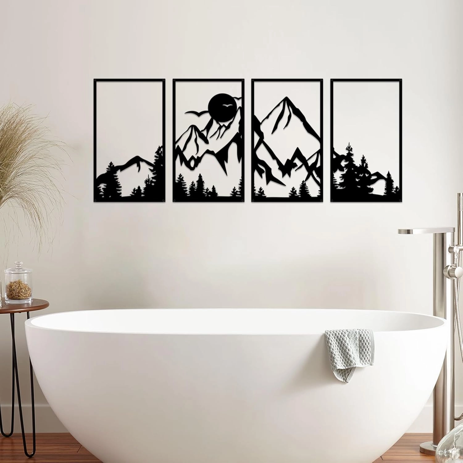 ESTART 4 Pcs Mountain Range Metal Wall Art Decor Summit Metal Wall Sign Rustic Forest Home Decor Sign Mountain Scene Wall Decor Art Hanging for Living Room Bedroom Bathroom Office, 45.3 x 17 Inch