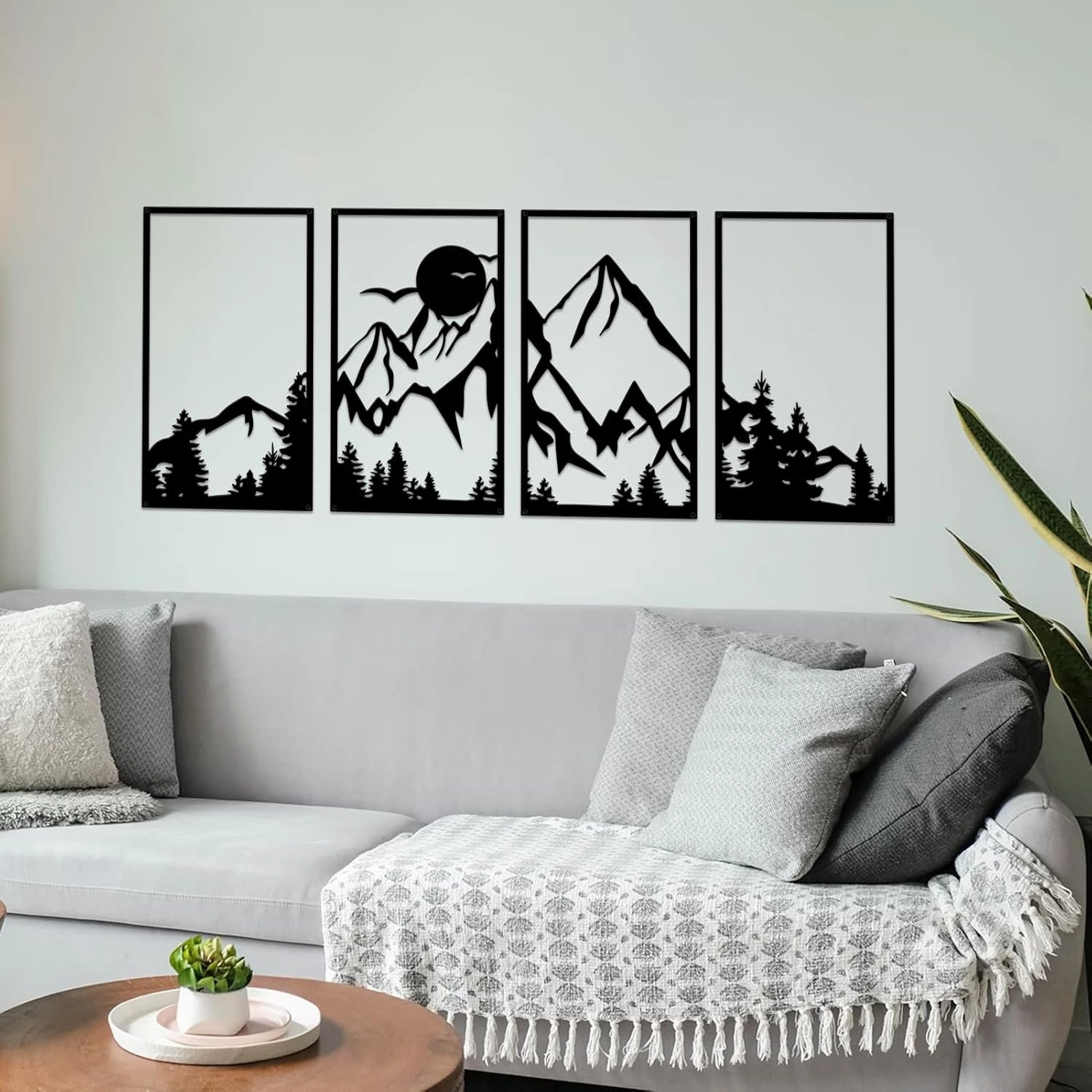 ESTART 4 Pcs Mountain Range Metal Wall Art Decor Summit Metal Wall Sign Rustic Forest Home Decor Sign Mountain Scene Wall Decor Art Hanging for Living Room Bedroom Bathroom Office, 45.3 x 17 Inch