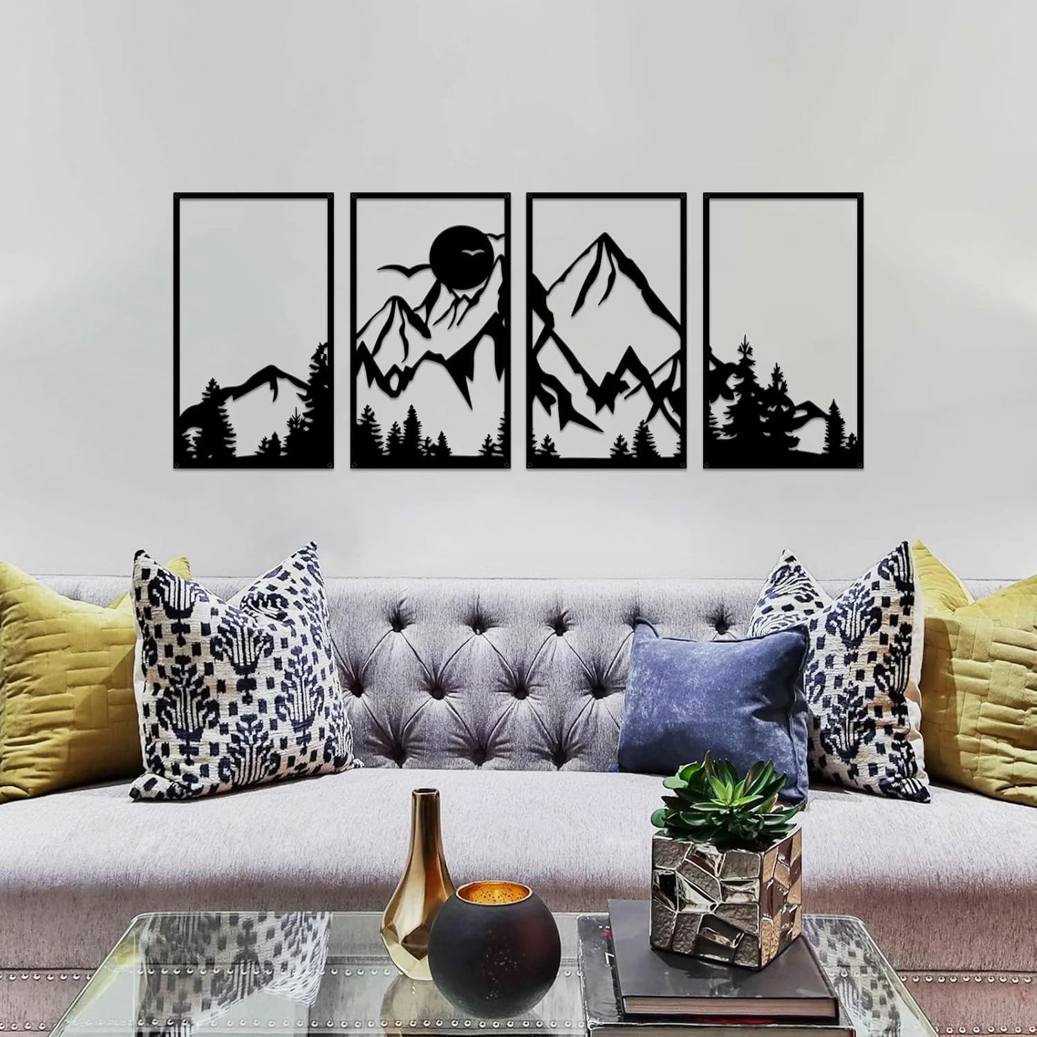 ESTART 4 Pcs Mountain Range Metal Wall Art Decor Summit Metal Wall Sign Rustic Forest Home Decor Sign Mountain Scene Wall Decor Art Hanging for Living Room Bedroom Bathroom Office, 45.3 x 17 Inch