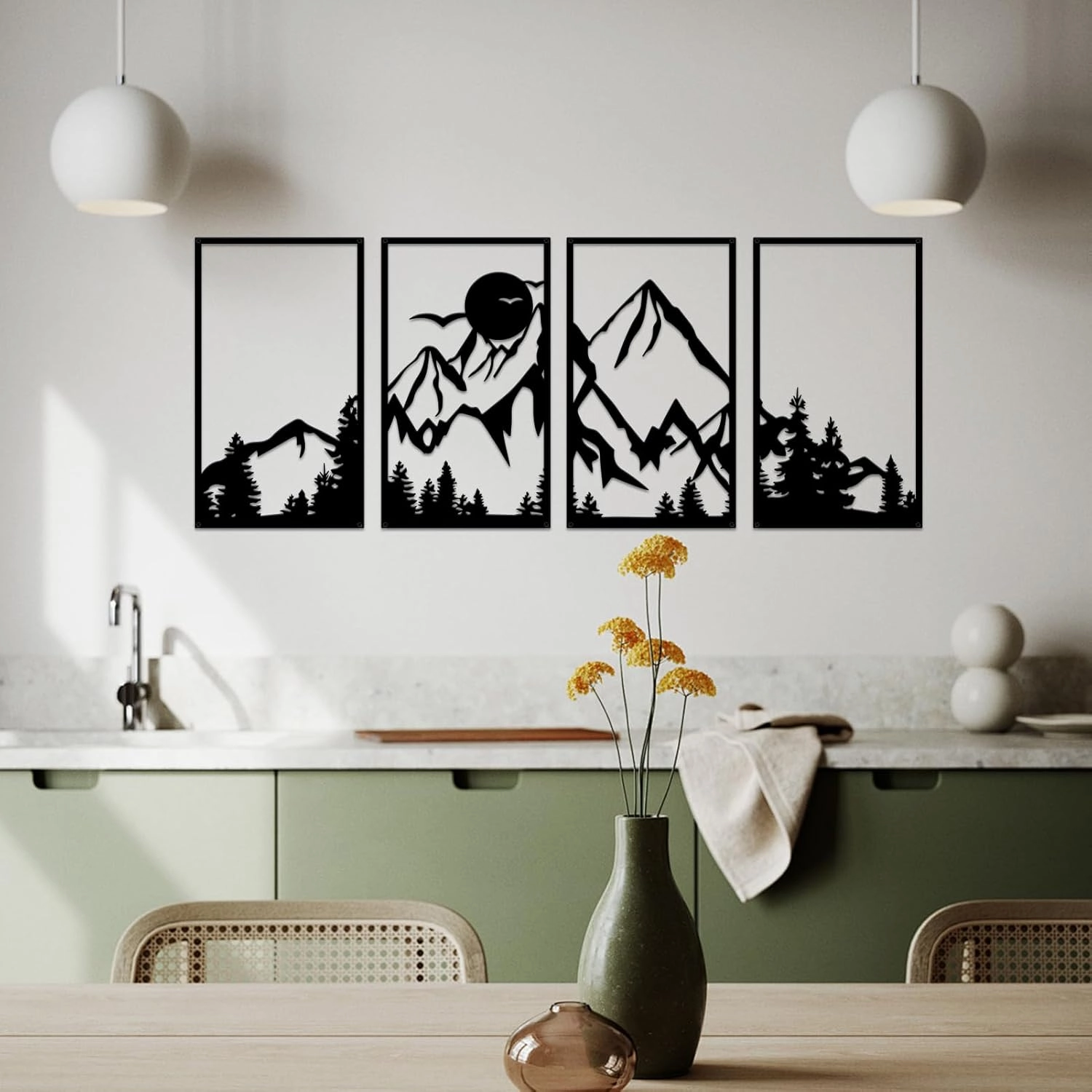 ESTART 4 Pcs Mountain Range Metal Wall Art Decor Summit Metal Wall Sign Rustic Forest Home Decor Sign Mountain Scene Wall Decor Art Hanging for Living Room Bedroom Bathroom Office, 45.3 x 17 Inch