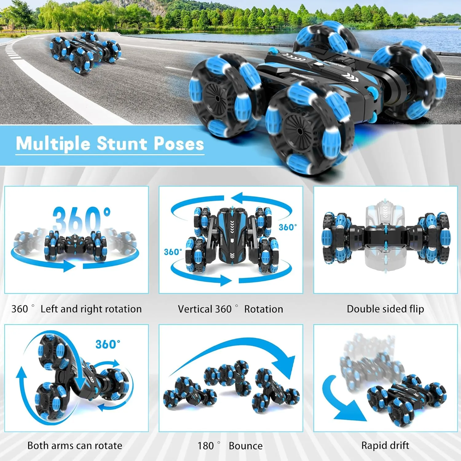 Eulogia Gesture Sensing RC Stunt Car for Kids, Double Sided 360° Flips & Rotating, 40  Mins Playtime, Durable Off-Road Remote Control Car Toys Gifts for Boys Girls Age 5-12 (Blue)