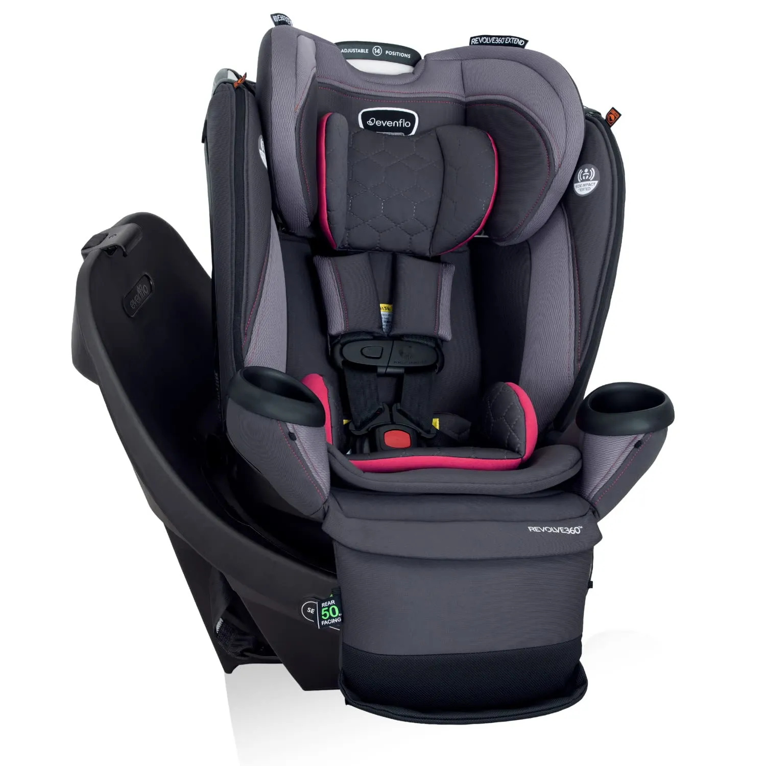 Evenflo Revolve360 Extend Convertible Car Seat with 360 Degree Rotation, Extended Rear-Facing, Forward-Facing, Booster Mode, and Secure Latch Install, Rowe Pink