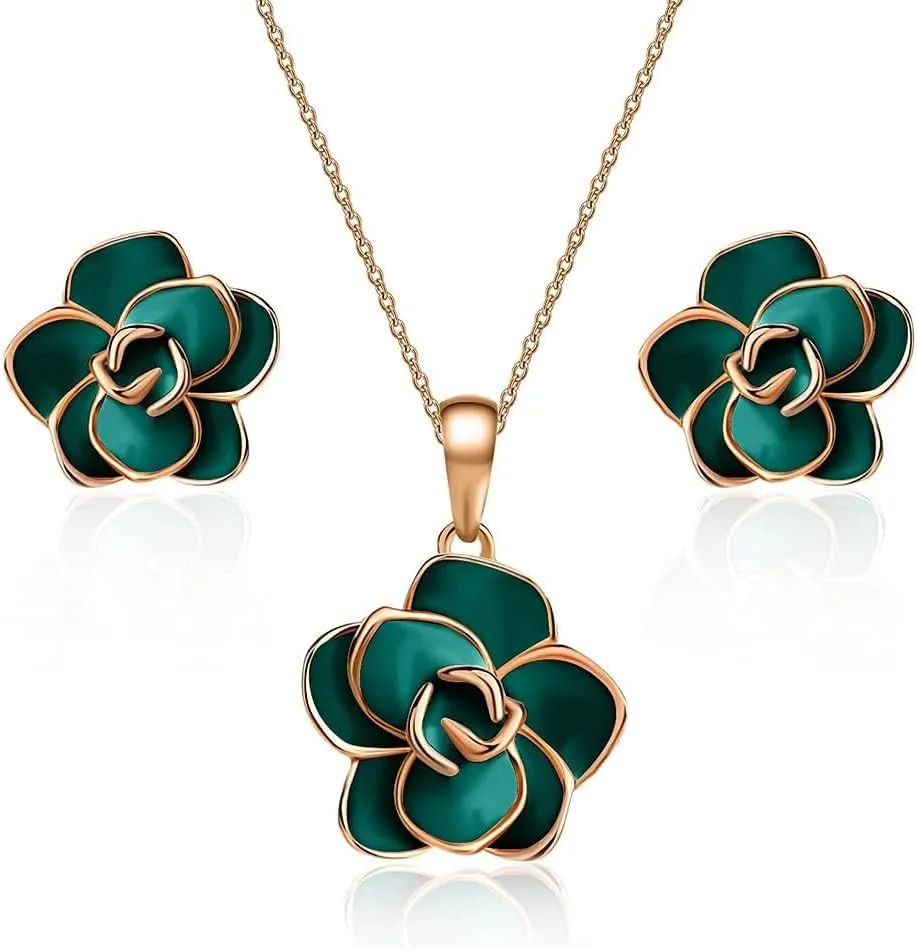 EVEVIC Rose Flower Necklace Earrings Set for Women 18K Gold Plated Hypoallergenic Jewelry Sets