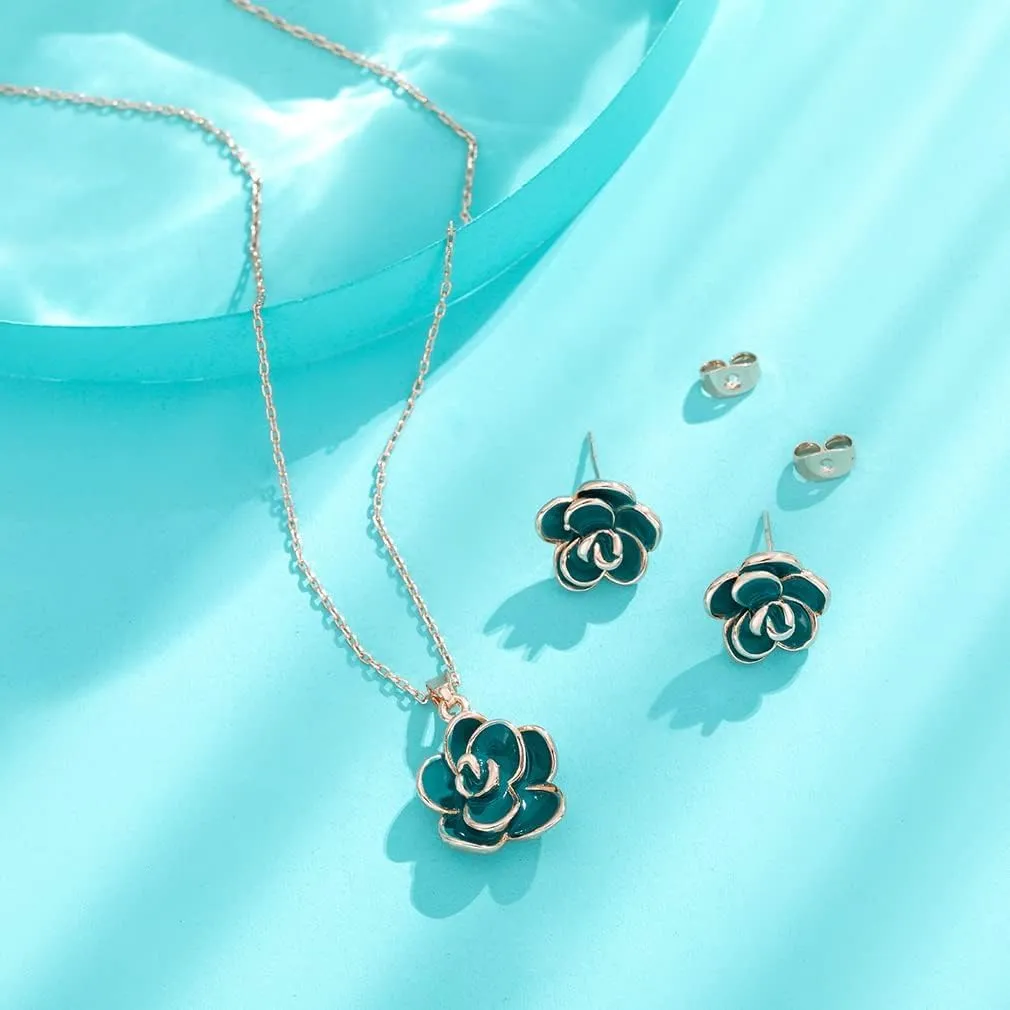 EVEVIC Rose Flower Necklace Earrings Set for Women 18K Gold Plated Hypoallergenic Jewelry Sets