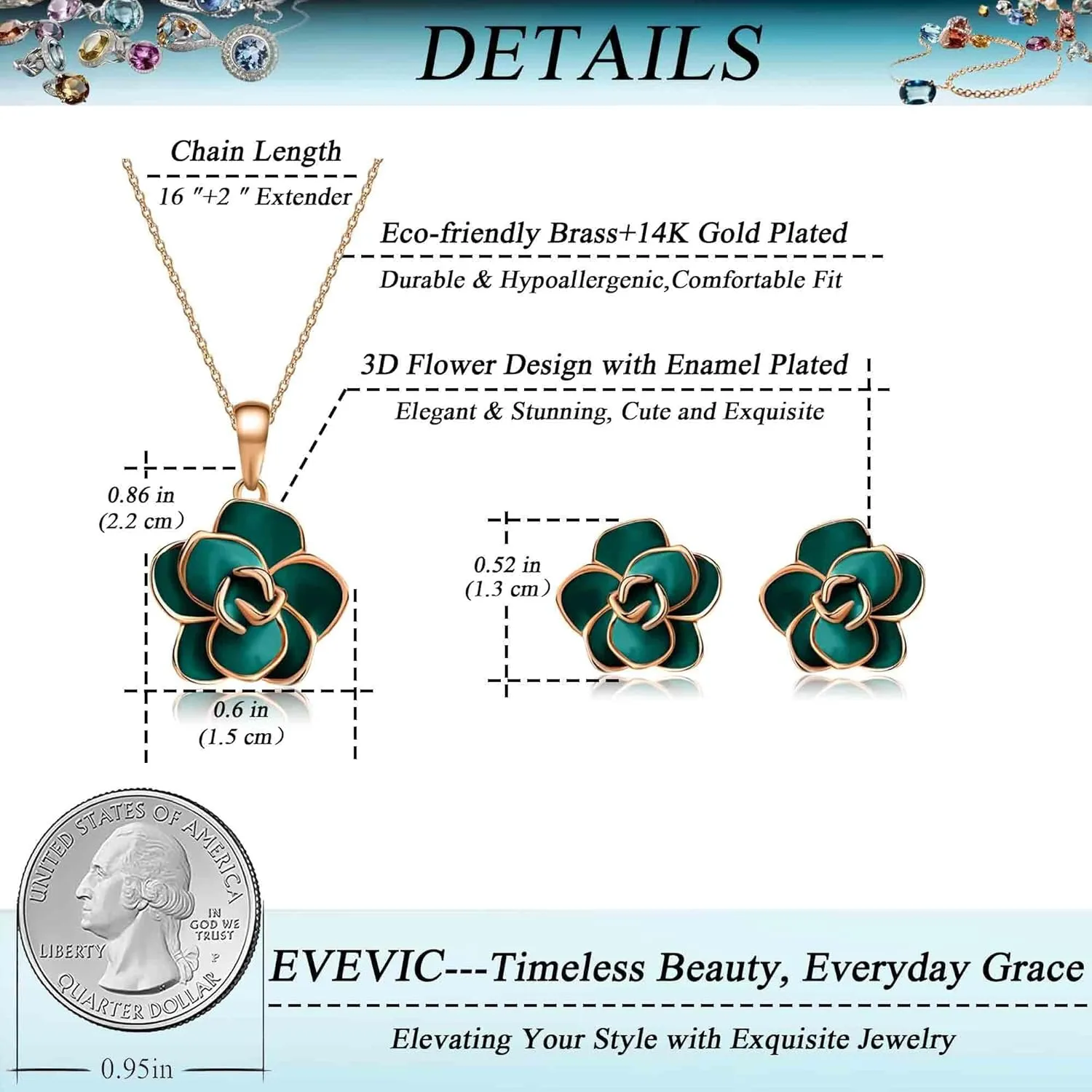 EVEVIC Rose Flower Necklace Earrings Set for Women 18K Gold Plated Hypoallergenic Jewelry Sets