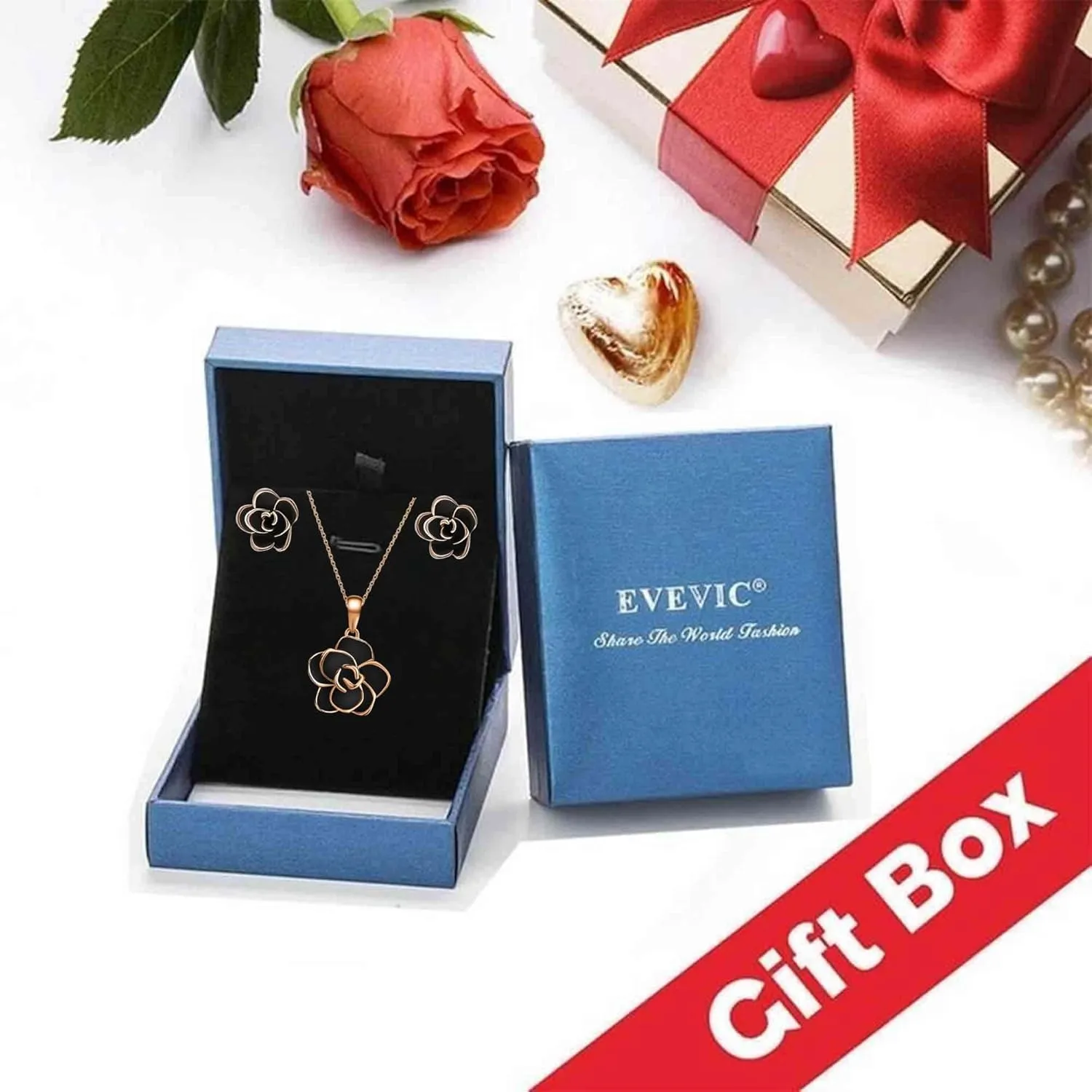 EVEVIC Rose Flower Necklace Earrings Set for Women 18K Gold Plated Hypoallergenic Jewelry Sets