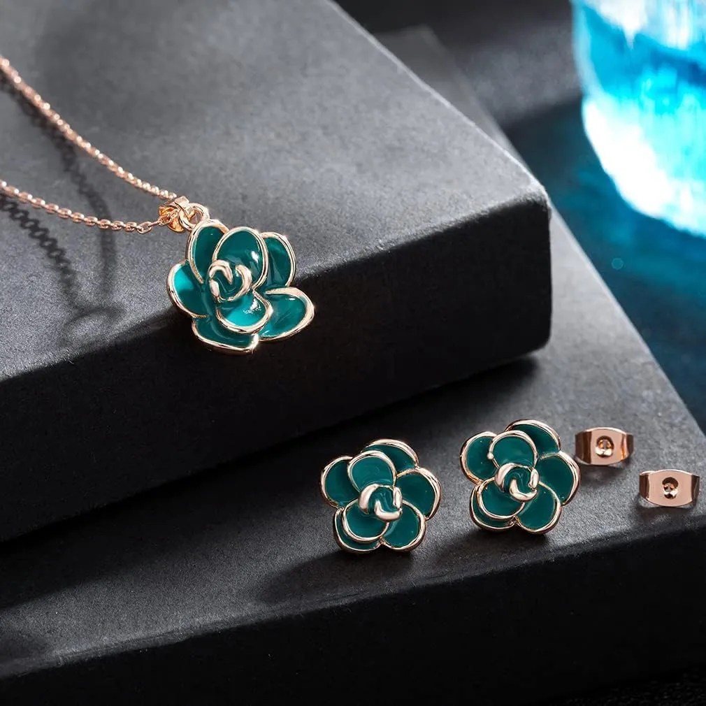EVEVIC Rose Flower Necklace Earrings Set for Women 18K Gold Plated Hypoallergenic Jewelry Sets