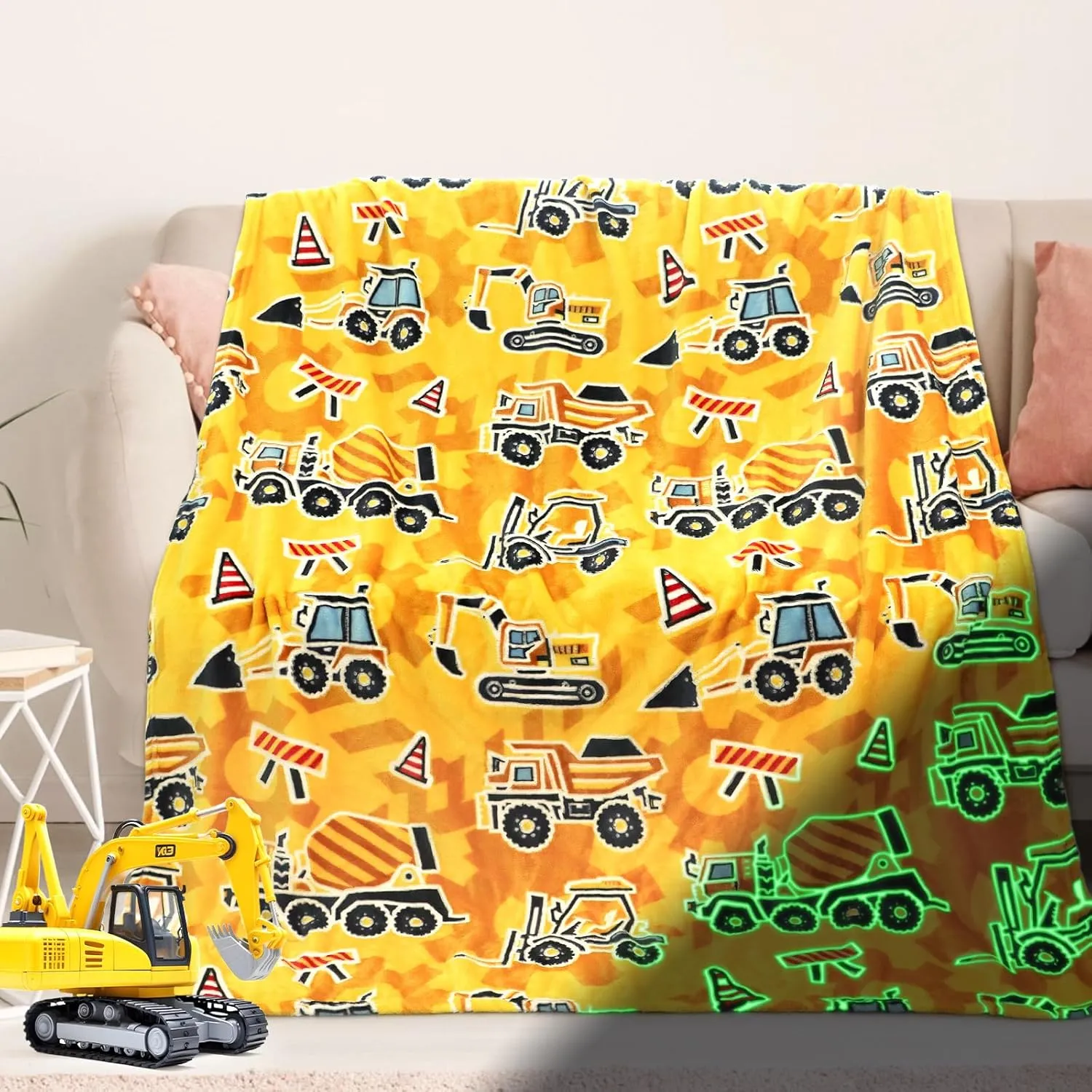 Excavator Blanket Construction Gifts for Kids Glow in The Dark Truck Blanket Soft Tractor Toys Throw Blankets Boys Car Theme Decor Blanket