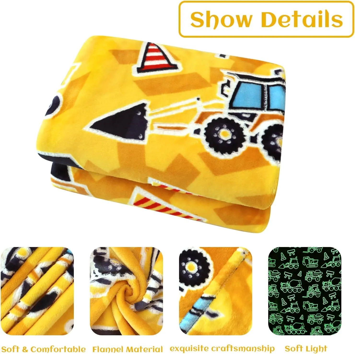 Excavator Blanket Construction Gifts for Kids Glow in The Dark Truck Blanket Soft Tractor Toys Throw Blankets Boys Car Theme Decor Blanket