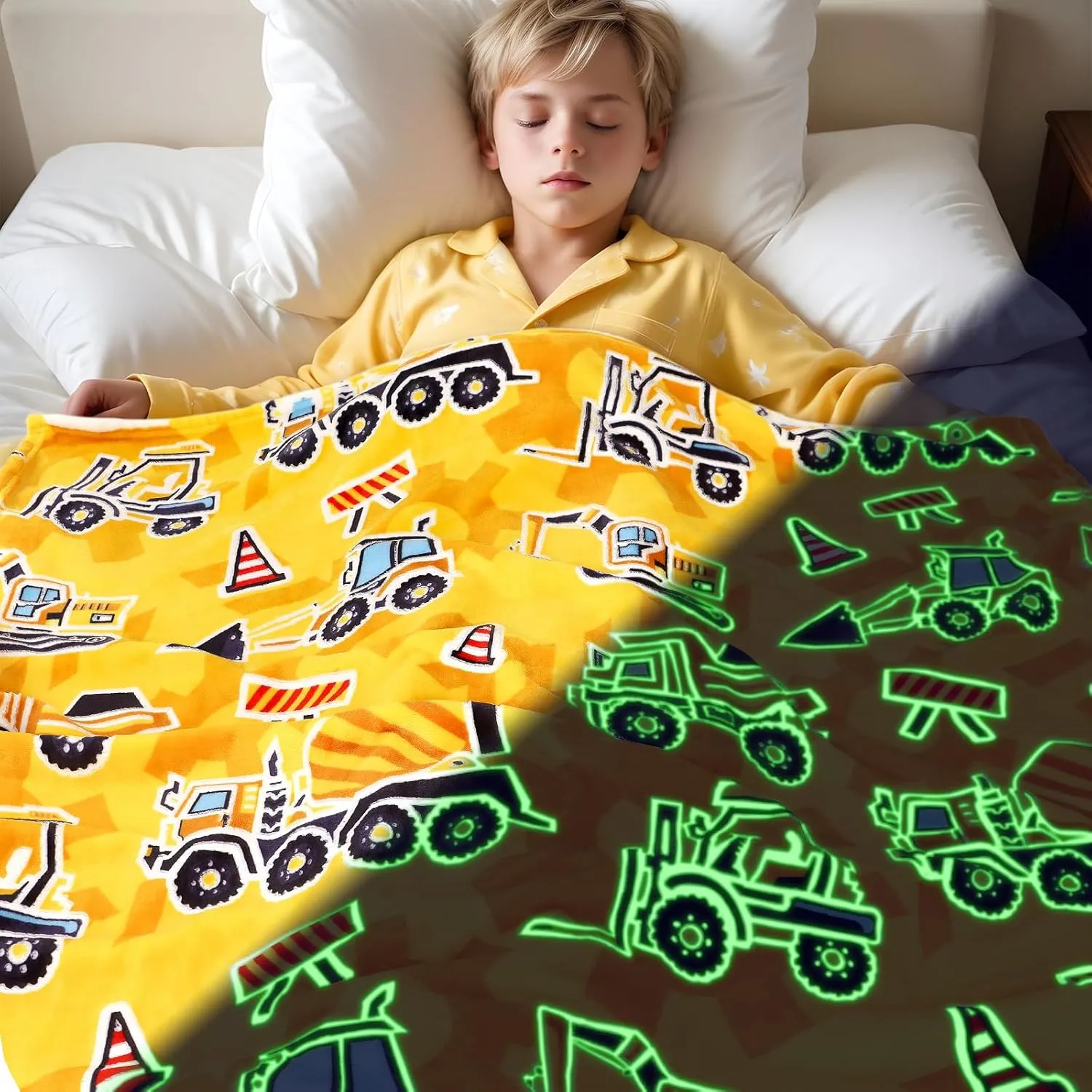 Excavator Blanket Construction Gifts for Kids Glow in The Dark Truck Blanket Soft Tractor Toys Throw Blankets Boys Car Theme Decor Blanket