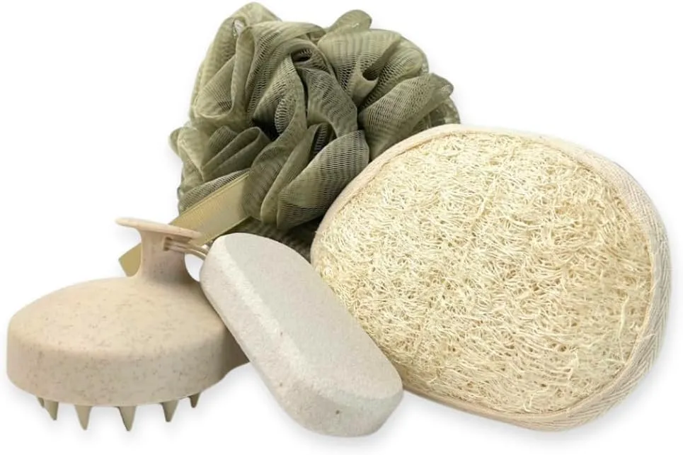 Exfoliating Bath Set 4-Piece – Loofah, Pumice Stone, Scalp Massager & Body Scrubber | Spa Gift Set | Home Spa Kit