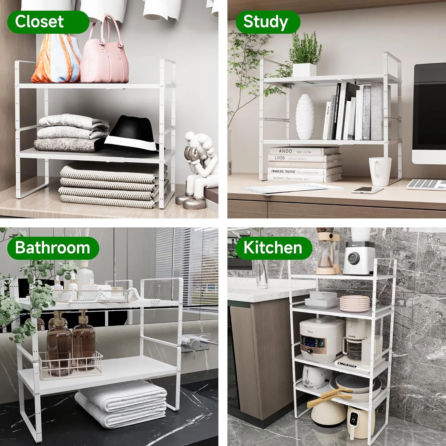 Expandable Cabinet Organizer Shelf, Adjustable Height Organizer Riser for Kitchen Cabinet Spice Rack Locker Pantry Cupboard Under Sink Countertop Desk Organization Metal Stackable Shelves