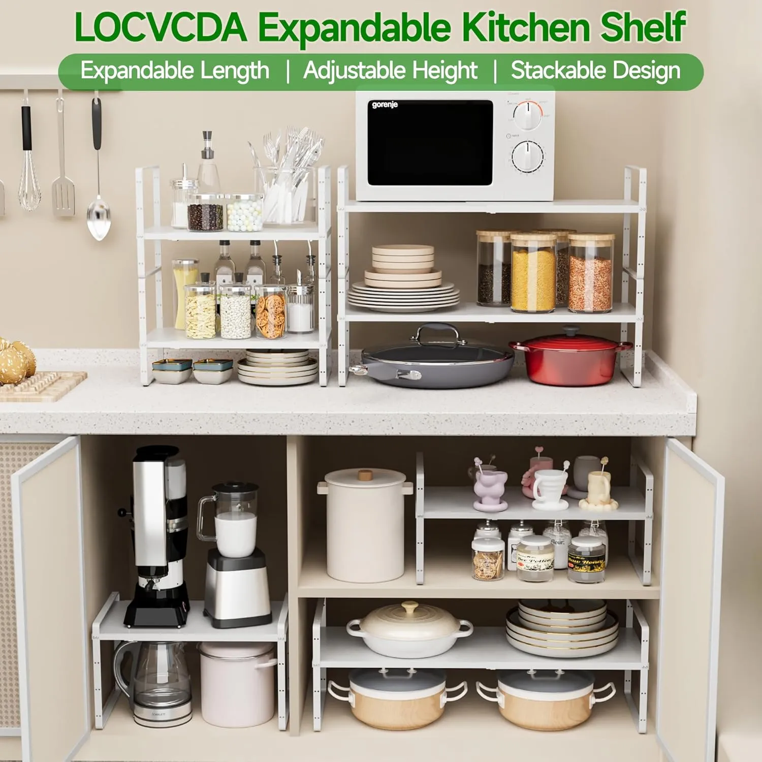 Expandable Cabinet Organizer Shelf, Adjustable Height Organizer Riser for Kitchen Cabinet Spice Rack Locker Pantry Cupboard Under Sink Countertop Desk Organization Metal Stackable Shelves