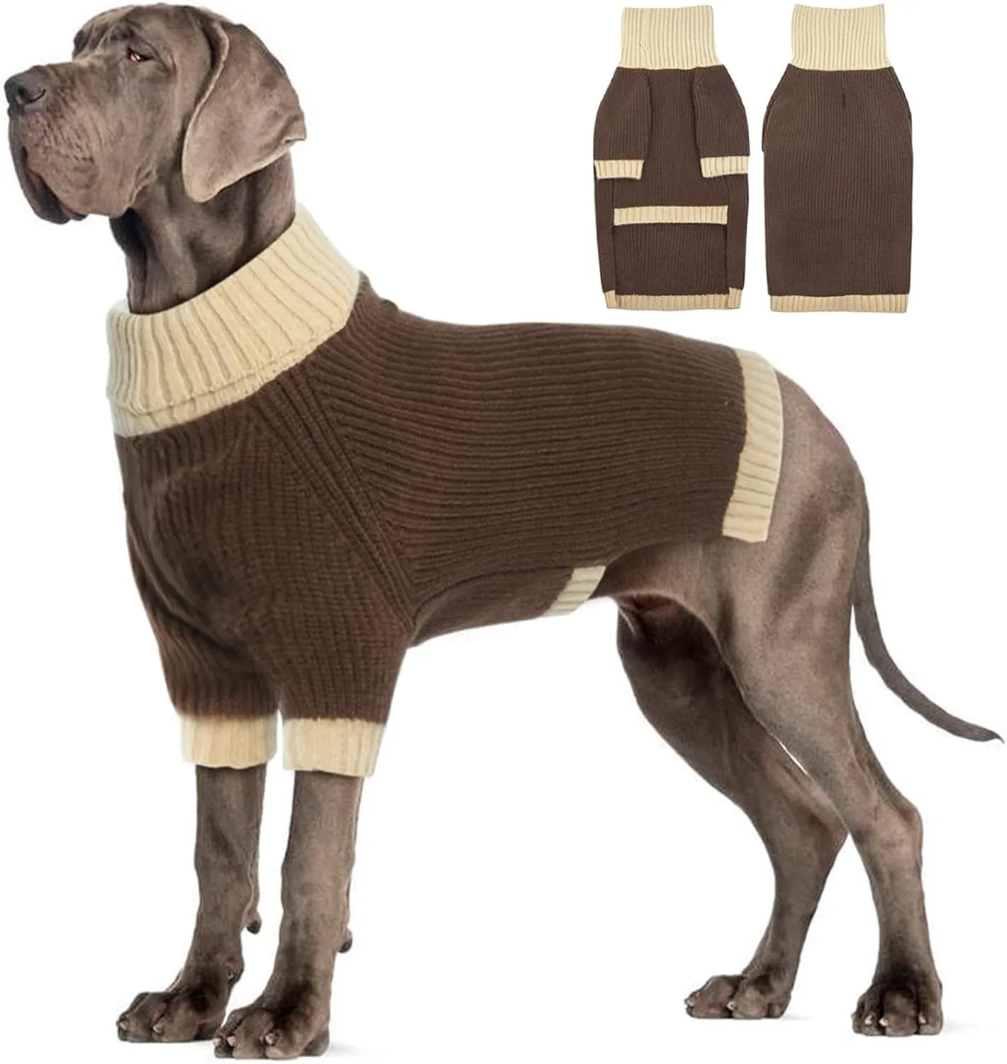 Extra Large Dog Sweater, Warm Dog Clothes with Leash Hole, Christmas Dogs Pullover Sweater for Dogs Boy Girl, Winter Turtleneck Jumper for Rottweiler, Alaskan, Great Dane, Brown 4XL