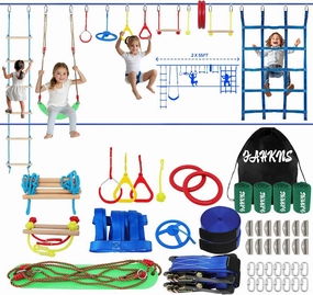 FAHKNS Ninja Warrior Obstacle Course for Kids - 2 x 55ft Slackline Kit with 13 Ninja Accessories for Kids,Obstacles Cargo Net Rope Ladder Monkey Bars Ninja Course for Kids