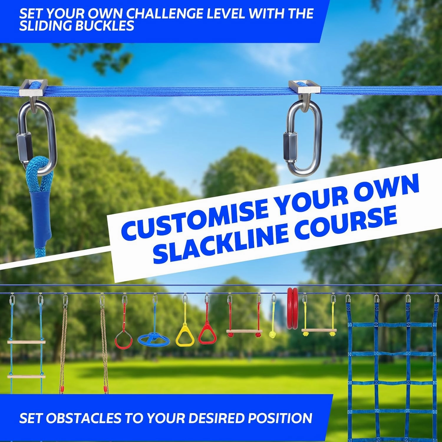 FAHKNS Ninja Warrior Obstacle Course for Kids - 2 x 55ft Slackline Kit with 13 Ninja Accessories for Kids,Obstacles Cargo Net Rope Ladder Monkey Bars Ninja Course for Kids