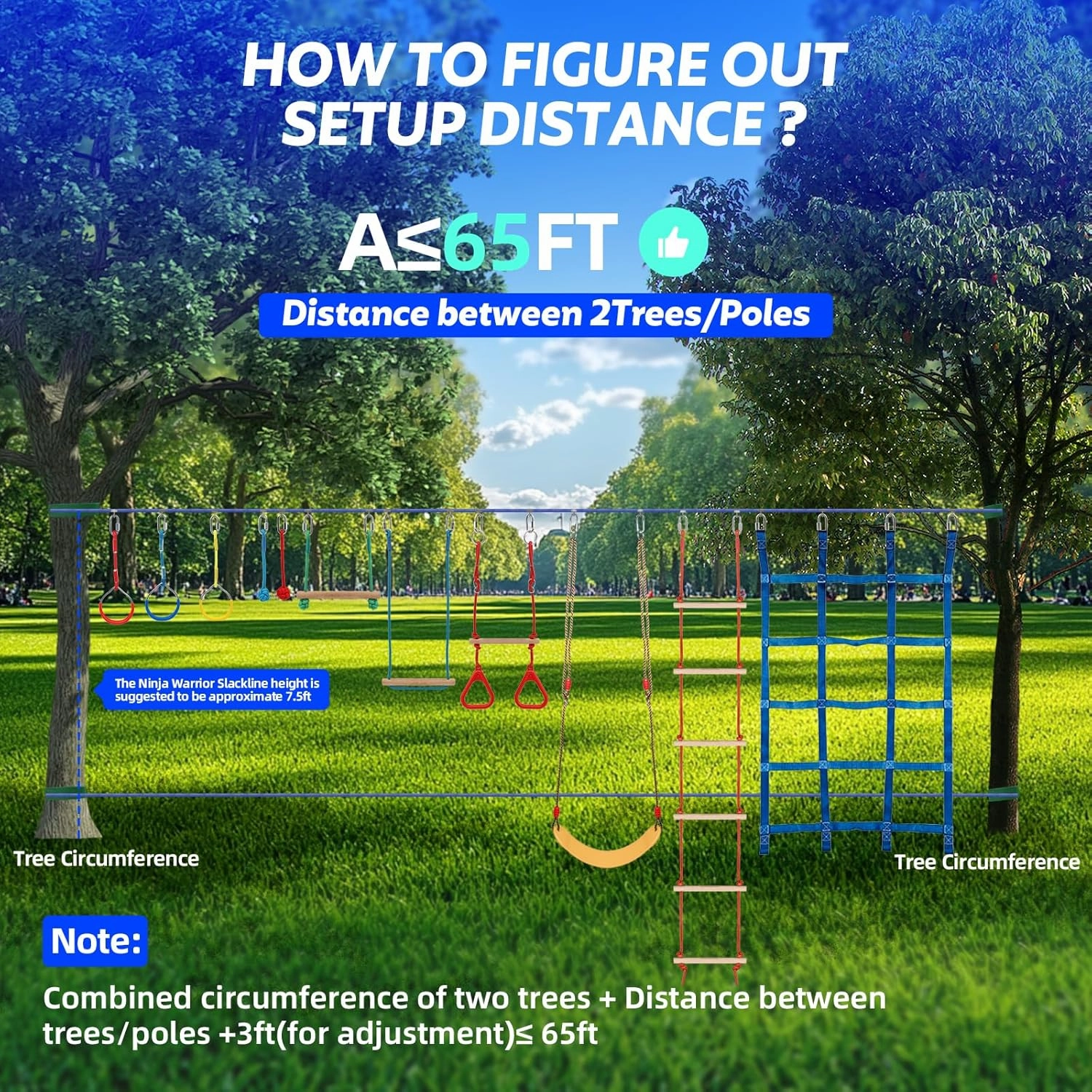 FAHKNS Ninja Warrior Obstacle Course Kids - 2 x 65ft Double Slacklines -Plenty of Exciting Obstacle Net Net Rope Ladder Monkey Bars - Ninja Course for Kids Outside, Kids Obstacle Course Backyard