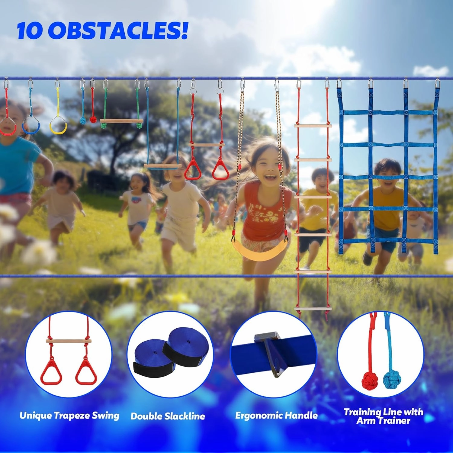 FAHKNS Ninja Warrior Obstacle Course Kids - 2 x 65ft Double Slacklines -Plenty of Exciting Obstacle Net Net Rope Ladder Monkey Bars - Ninja Course for Kids Outside, Kids Obstacle Course Backyard