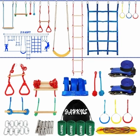 FAHKNS Ninja Warrior Obstacle Course Kids - 2 x 65ft Double Slacklines -Plenty of Exciting Obstacle Net Net Rope Ladder Monkey Bars - Ninja Course for Kids Outside, Kids Obstacle Course Backyard