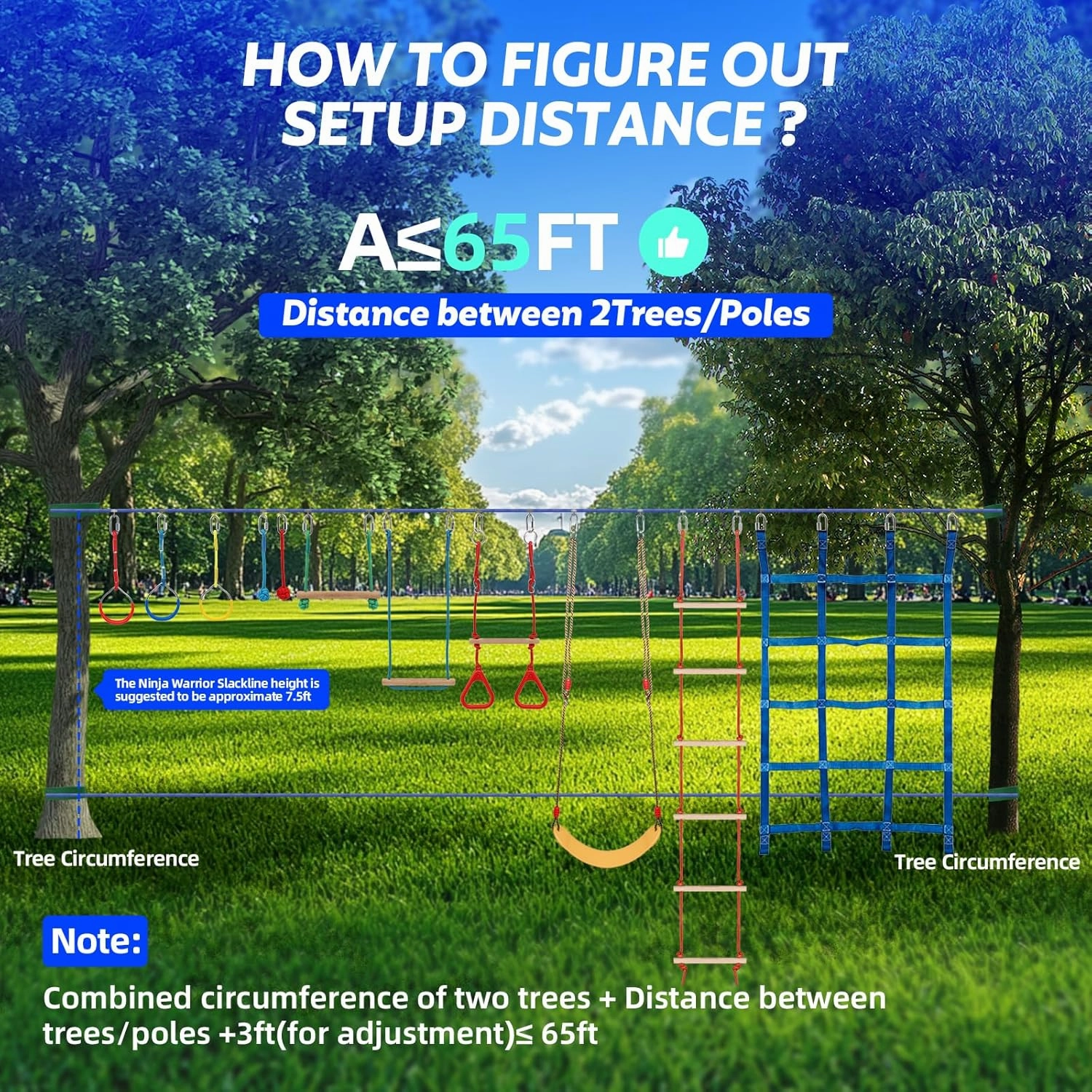 FAHKNS Ninja Warrior Obstacle Course Kids - 2 x 65ft Double Slacklines -Plenty of Exciting Obstacle Net Net Rope Ladder Monkey Bars - Ninja Course for Kids Outside, Kids Obstacle Course Backyard