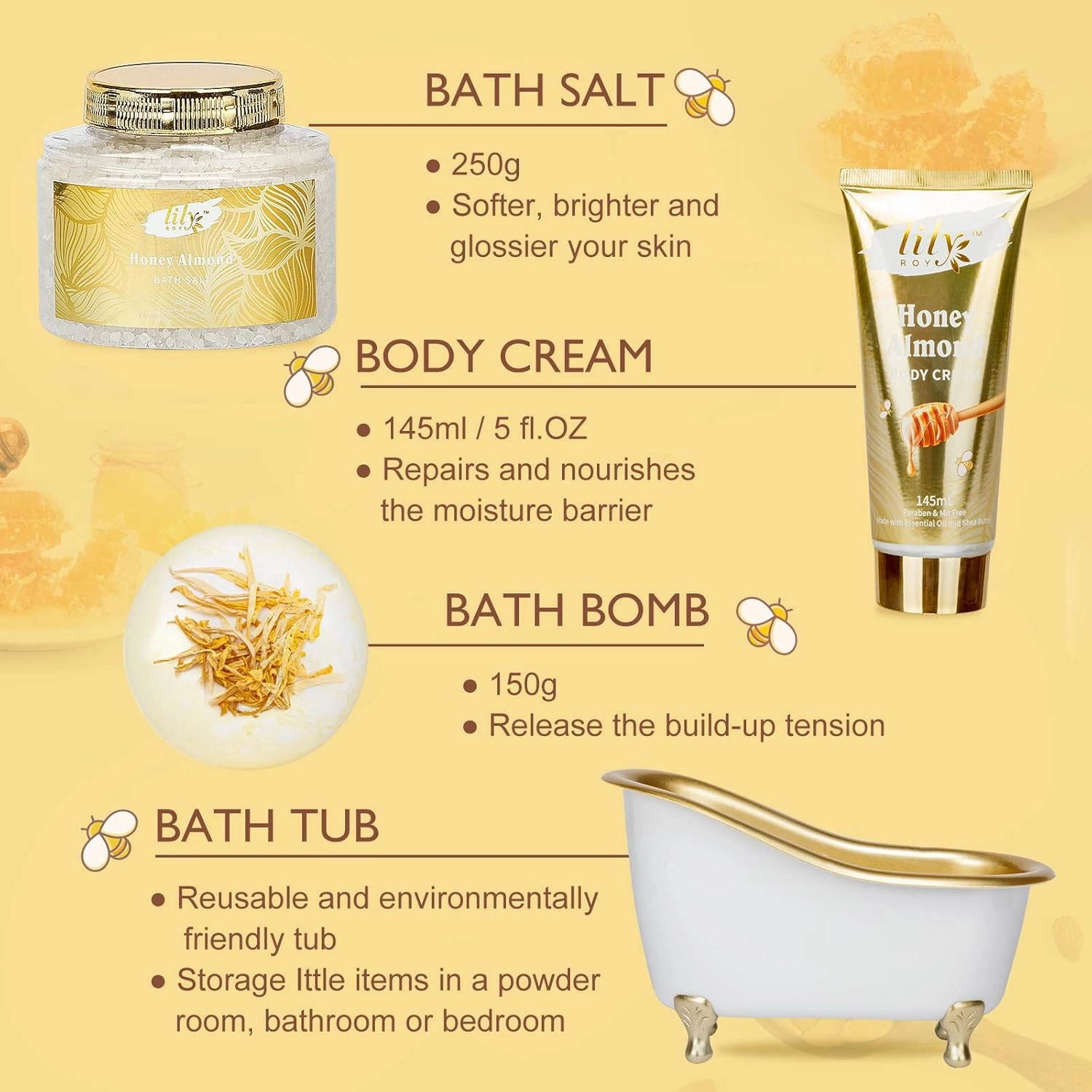 Father's Day Gifts for Dad Men - 7-Piece Honey Almond Spa Gift Set for Women, Bath & Body Gift Set, Bath Gift Set with Bath Bomb | Christmas, Birthday Gifts for Her, All Occasion Holiday Present
