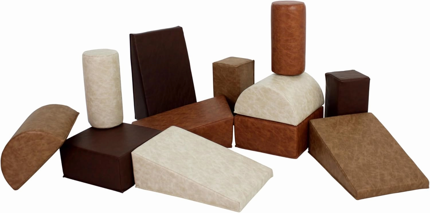 FDP Rustic Toddler Builder Block Set, Neutral Soft Foam Playtime Building Blocks for Infants and Kids; Learn Gross Motor Skills, Great for Home, Daycare, Preschool (12-Piece Set) - Distressed Assorted