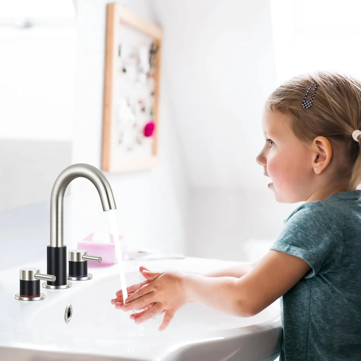 FGKQ Bathroom Faucets 3 Hole, 8 Inch Widespread Bathroom Sink Faucets with Pop Up Drain, Sink Faucet Bathroom 2 Handles with Water Supply Pipes,Black and Brushed Nickel