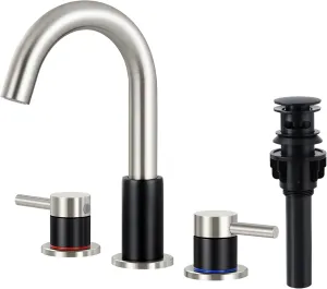 FGKQ Bathroom Faucets 3 Hole, 8 Inch Widespread Bathroom Sink Faucets with Pop Up Drain, Sink Faucet Bathroom 2 Handles with Water Supply Pipes,Black and Brushed Nickel